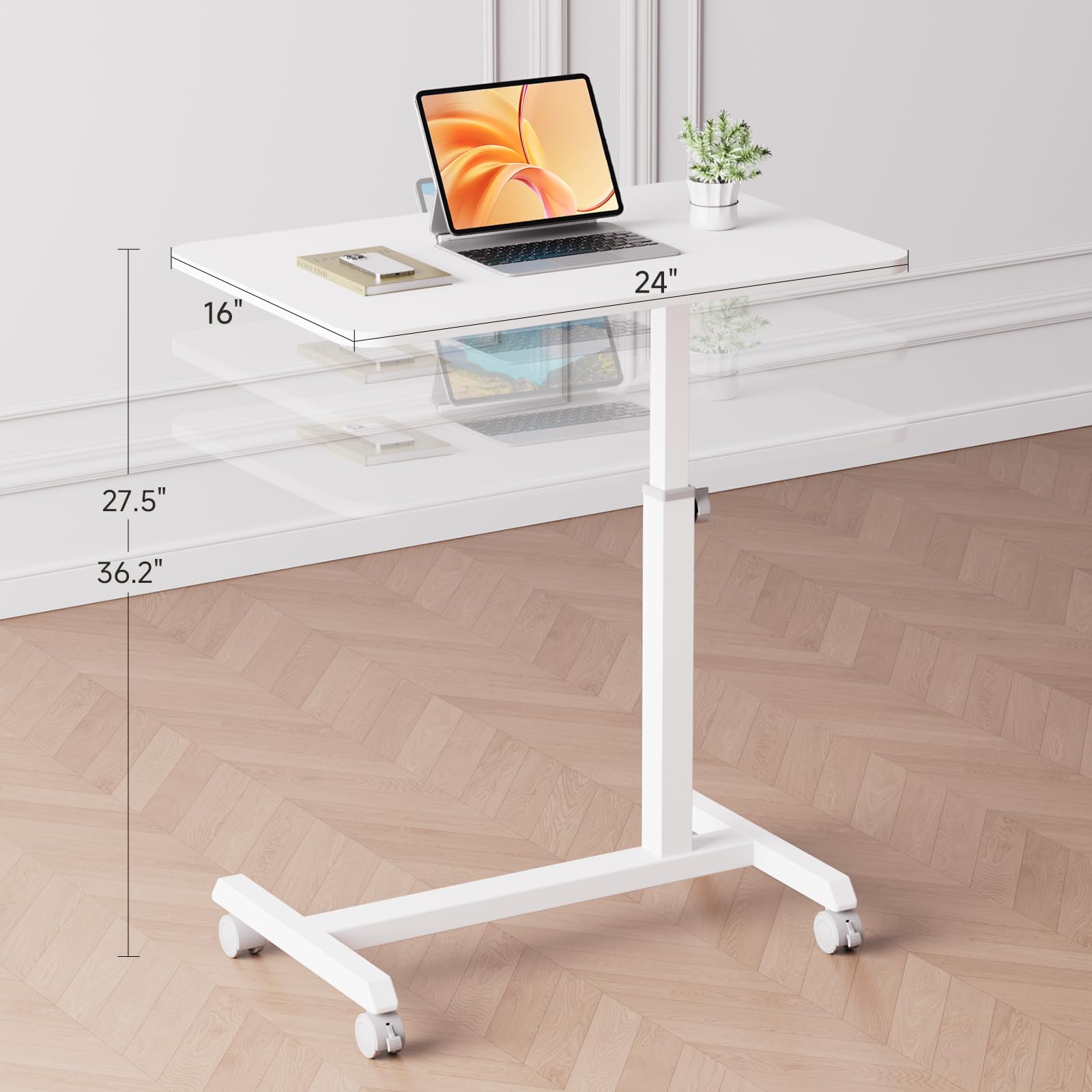 Small Standing Desk, 24 Inches Mobile Rolling Laptop PC Table with Lockable Casters, Adjustable Height Overbed Bedside Table Computer Workstation for Home Office, White-Fixed