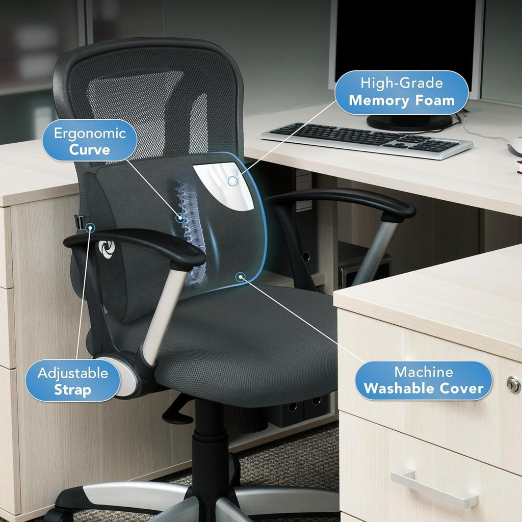 Lumbar Support Pillow for Office Chair and Car Seat, Perfectly Balanced Memory Foam, Versatile Use Lower Back Cushion, Black Plush