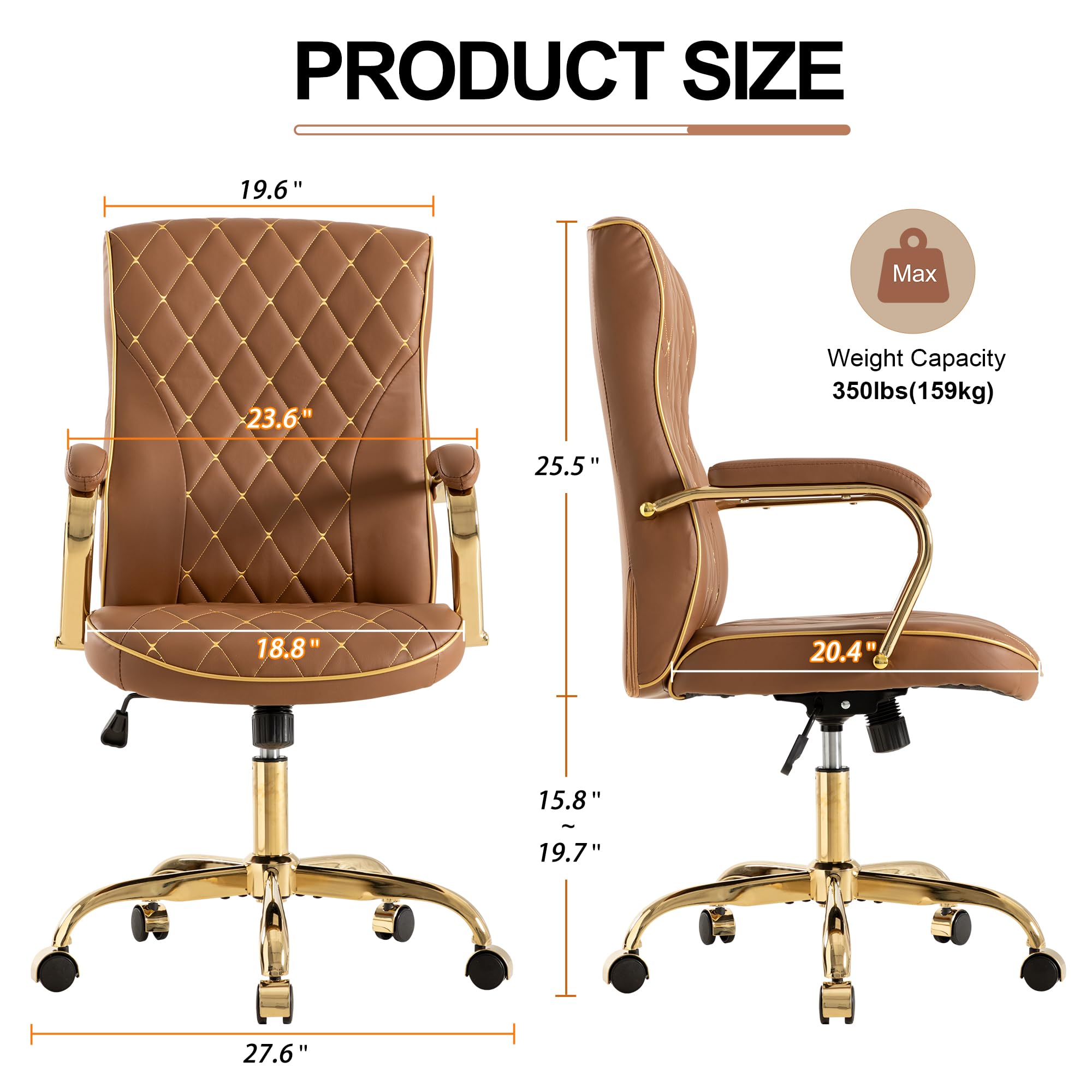 Brown and Gold Office Desk Chair,Conference Room Chairs,Mid Back Vintage Executive Leather Chair,Ergonomic Computer Swivel Chair with Rocking Function and Padded Arms,Adjustable Height