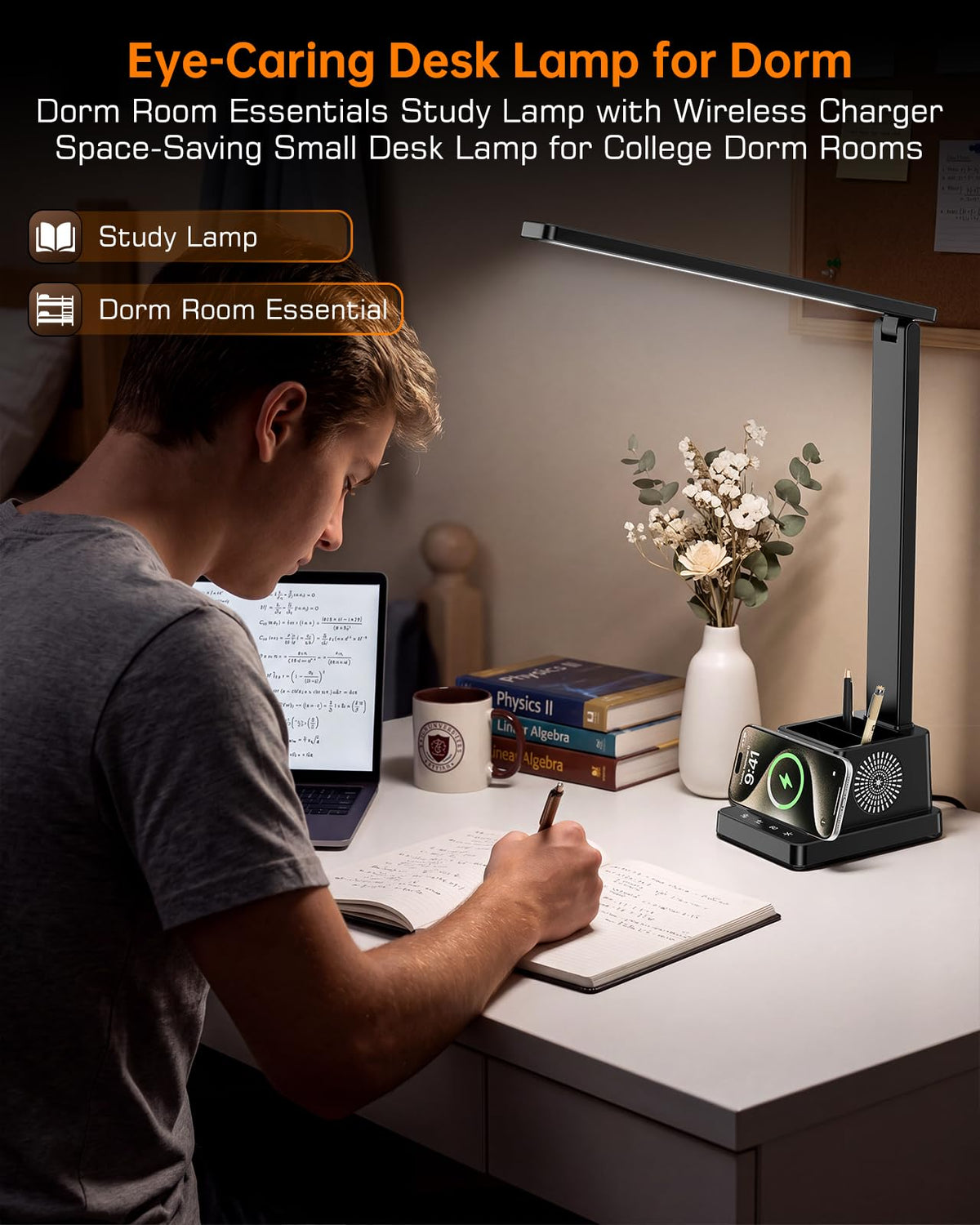 LED Desk Lamp for Home Office,15W Wireless Charger Pen Holder, Black