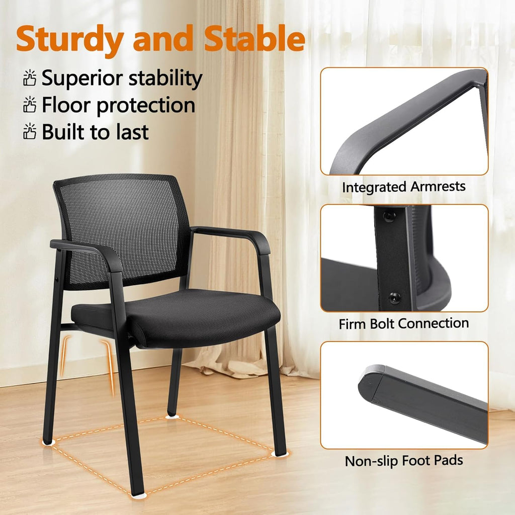 Set of 8, Mesh Back Stacking Arm Chairs with Upholstered Fabric Seat and Ergonomic Lumbar Support for Office School Church Guest Reception Black  New Version