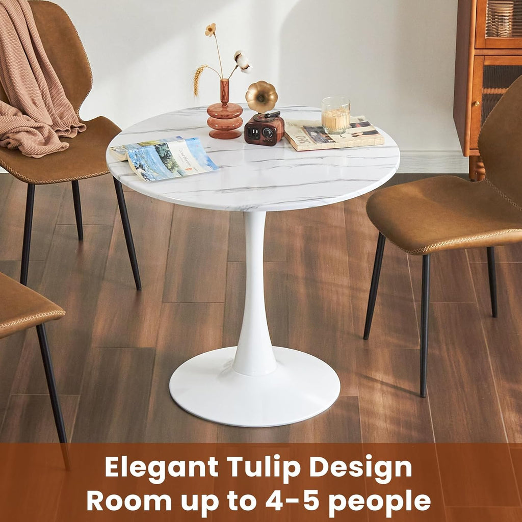 Comtrysail Round Dining Tulip Table for 4, Mid-Century Modern Table with Sturdy Metal Pedestal for Kitchen, Bistro, Cafe, Leisure (Faux Marble White, 31.5 INCH)