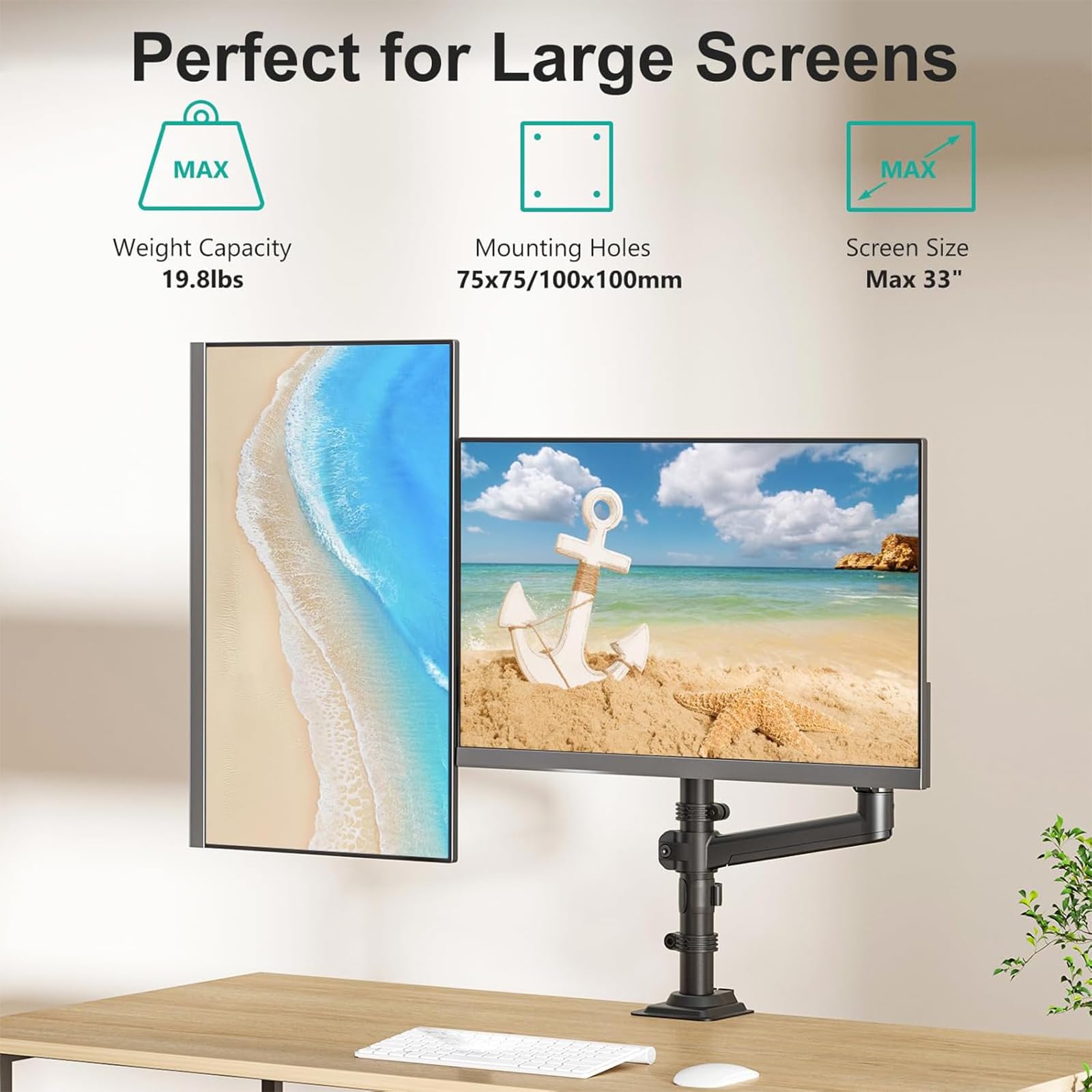 Dual Monitor Mount, 13-33 Inch Adjustable Dual Monitor Arm for Desk Holds Max 19.8 lbs Screens, Swivel Vesa Bracket with C Clamp, Grommet Mounting, Monitor Arms for 2 Monitors (GSDM002)