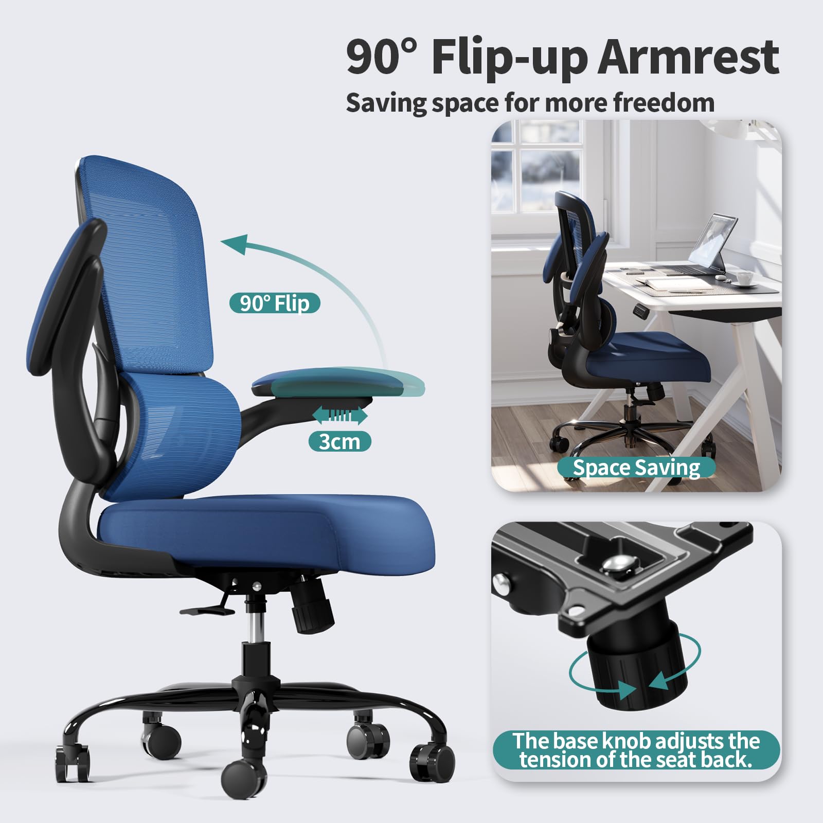Office Chair - Ergonomic Desk Chair with Adjustable Lumbar Support, Mesh Computer Chair, Executive Chairs for Home Office Comfortable Lumbar Support (Deep Blue)