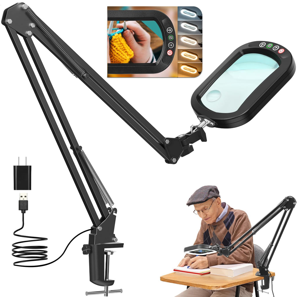 30X 10X Large Magnifying Glass with Light and Clamp, Real Glass, 5 Color Modes, Stepless Dimmable, Lighted Magnifier with Stand Hands Free, LED Swing Arm Desk Lamp for Close Work, Craft, Painting