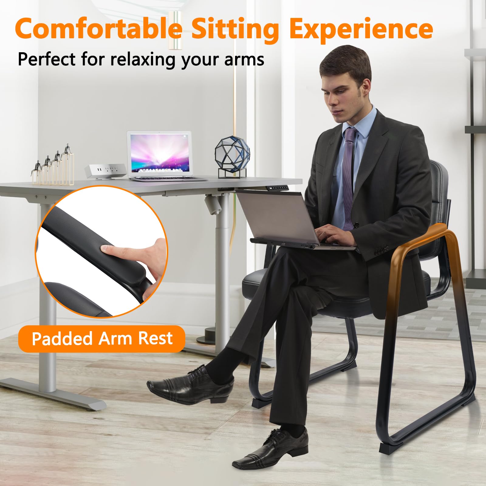 2 Pack, Waiting Room Guest Chair with Bonded Leather Padded Arm Rest for Office Reception and Conference Desk Black with Sled Base
