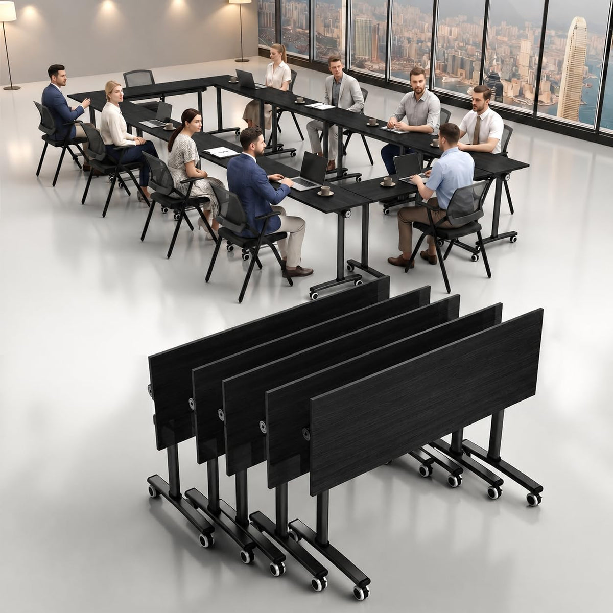 12 Pack Flip Top Training Table with Lockable Wheels, Mobile Nesting Folding Conference Table, Space Saving Seminar Desk for Classroom, Office, Library（Black, 47"×16"×30"