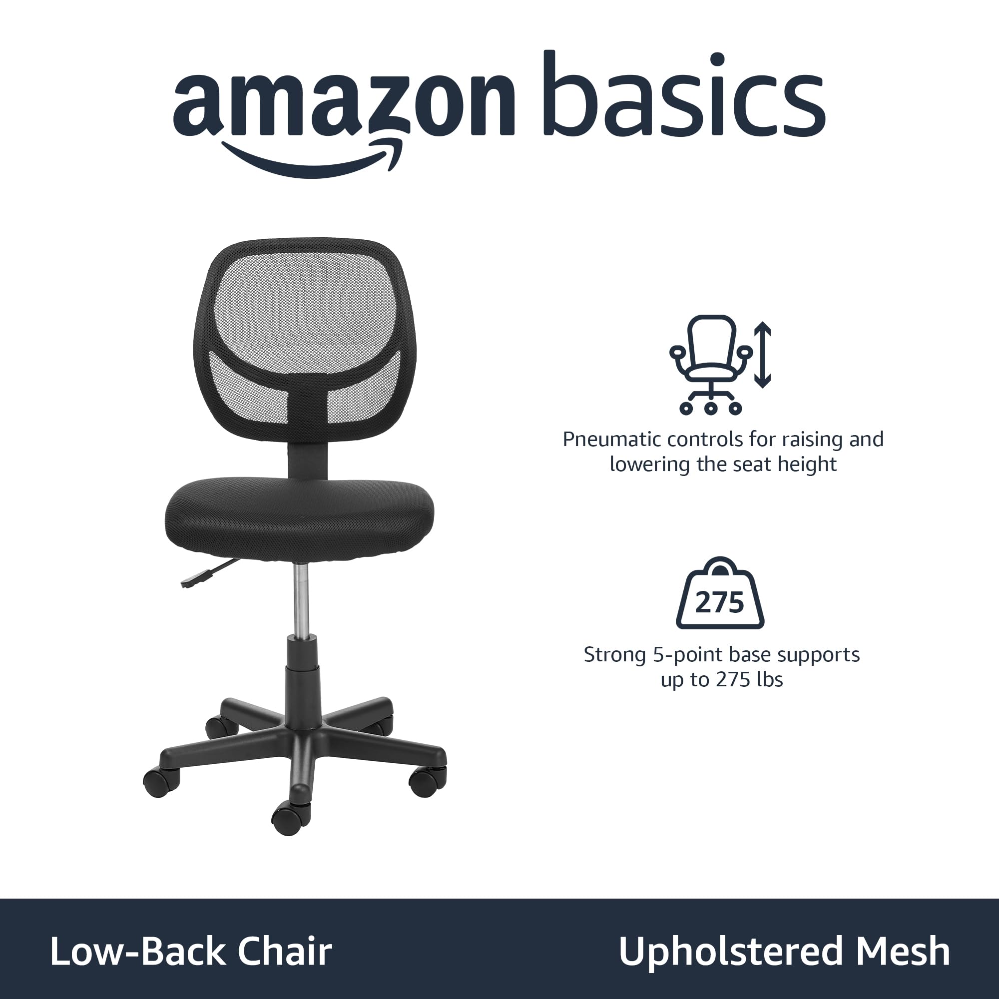 Low Back Office Chair, Breathable Mesh, Height Adjustable, Padded Seat, Rolling Wheels, Swivel, Back Support, Sturdy, 21.25" D x 22.5" W x 38" H, Black