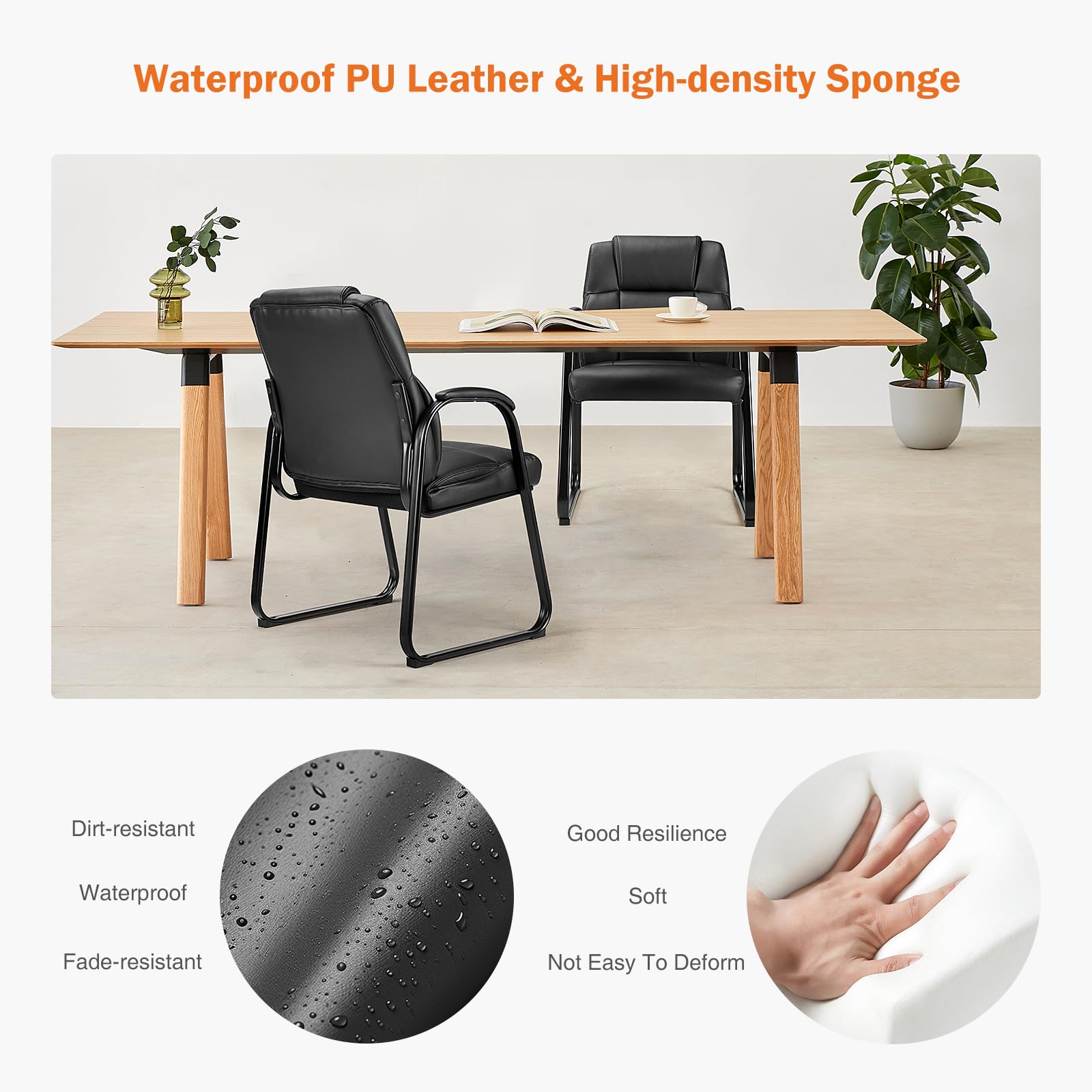 Set of 8, Waiting Room Guest Chair Leather Stationary Office Reception Chairs No Wheel, Comfy Padded Arms and Seld Base, for Conference Room Lobby Home Desk Bedroom Elderly, Black