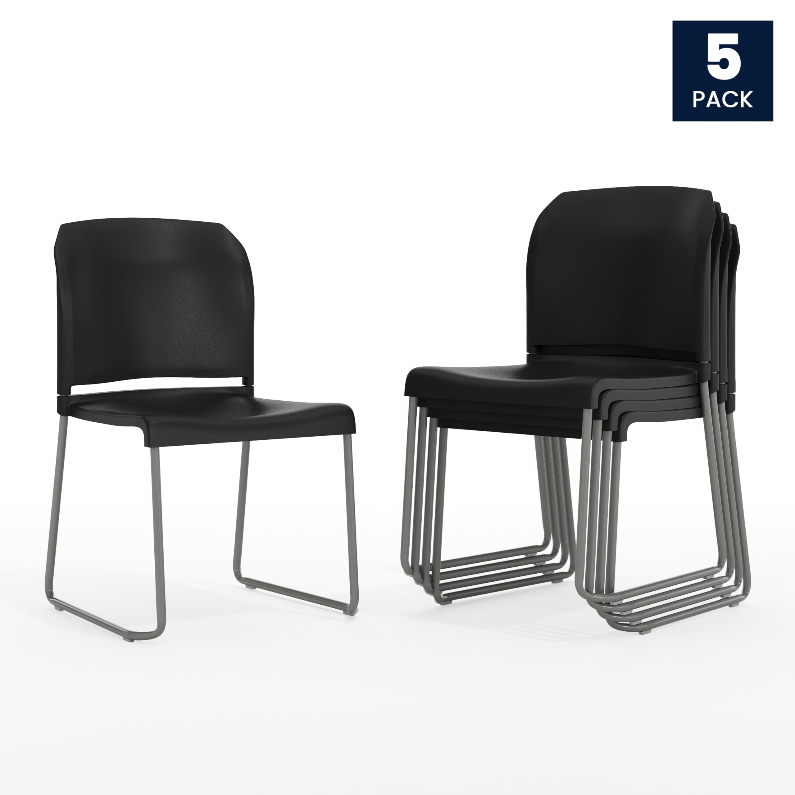 Set of 5, Hercules Series Contoured Stacking Chairs for Waiting Rooms and Offices, Ergonomic Lobby Chairs with Curved Back, Black