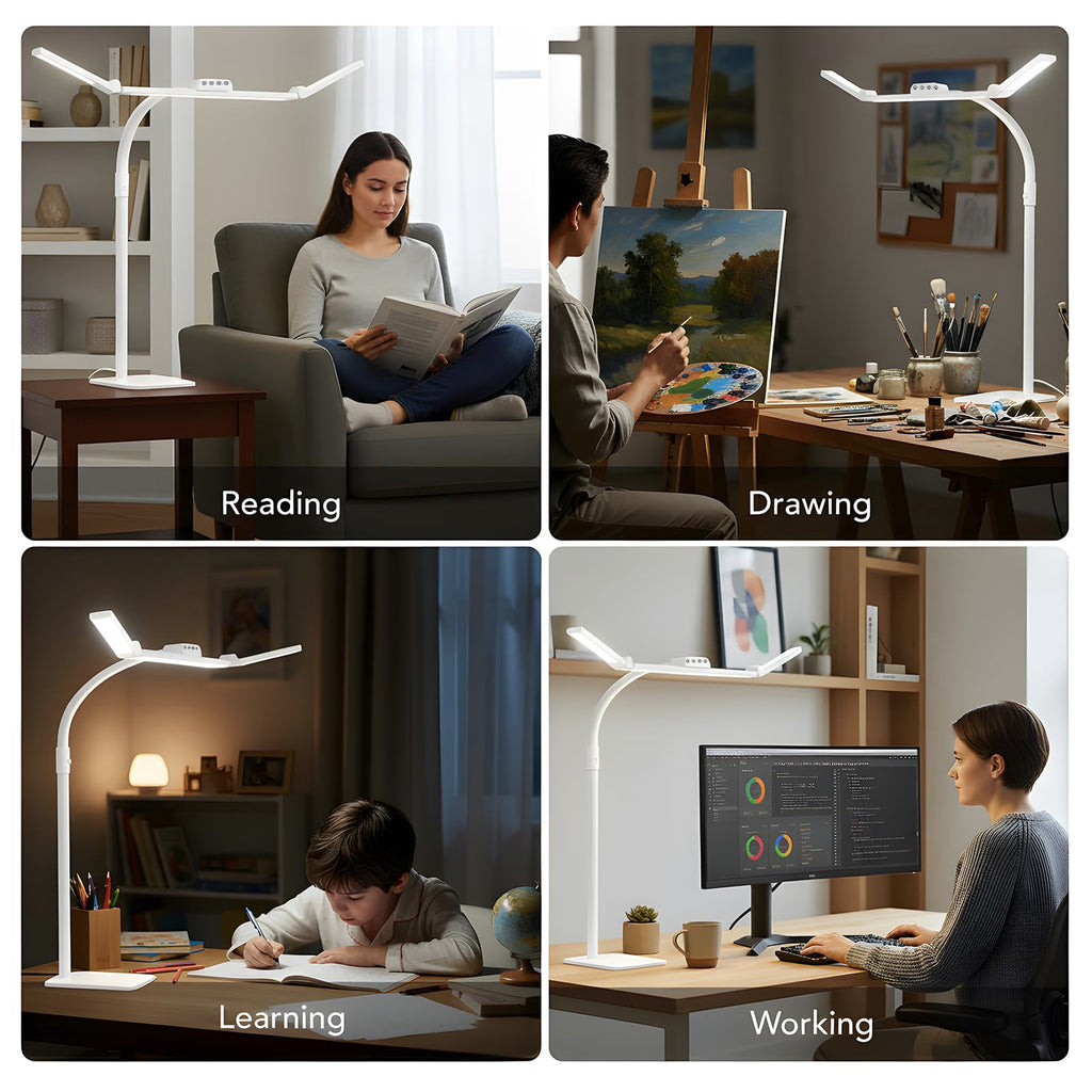 LED Desk Lamp for Home Office with Base, 28.2" Adjustable Gooseneck Swing Arm Bright Desk Light, Dimmable Architect Table Lamp for Desktop Computer Light, Reading, Study, Workbench（White）