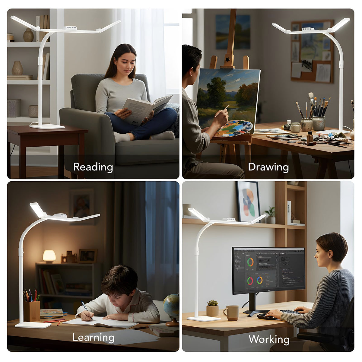 LED Desk Lamp for Home Office with Base, 28.2" Adjustable Gooseneck Swing Arm Bright Desk Light, Dimmable Architect Table Lamp for Desktop Computer Light, Reading, Study, Workbench（White）