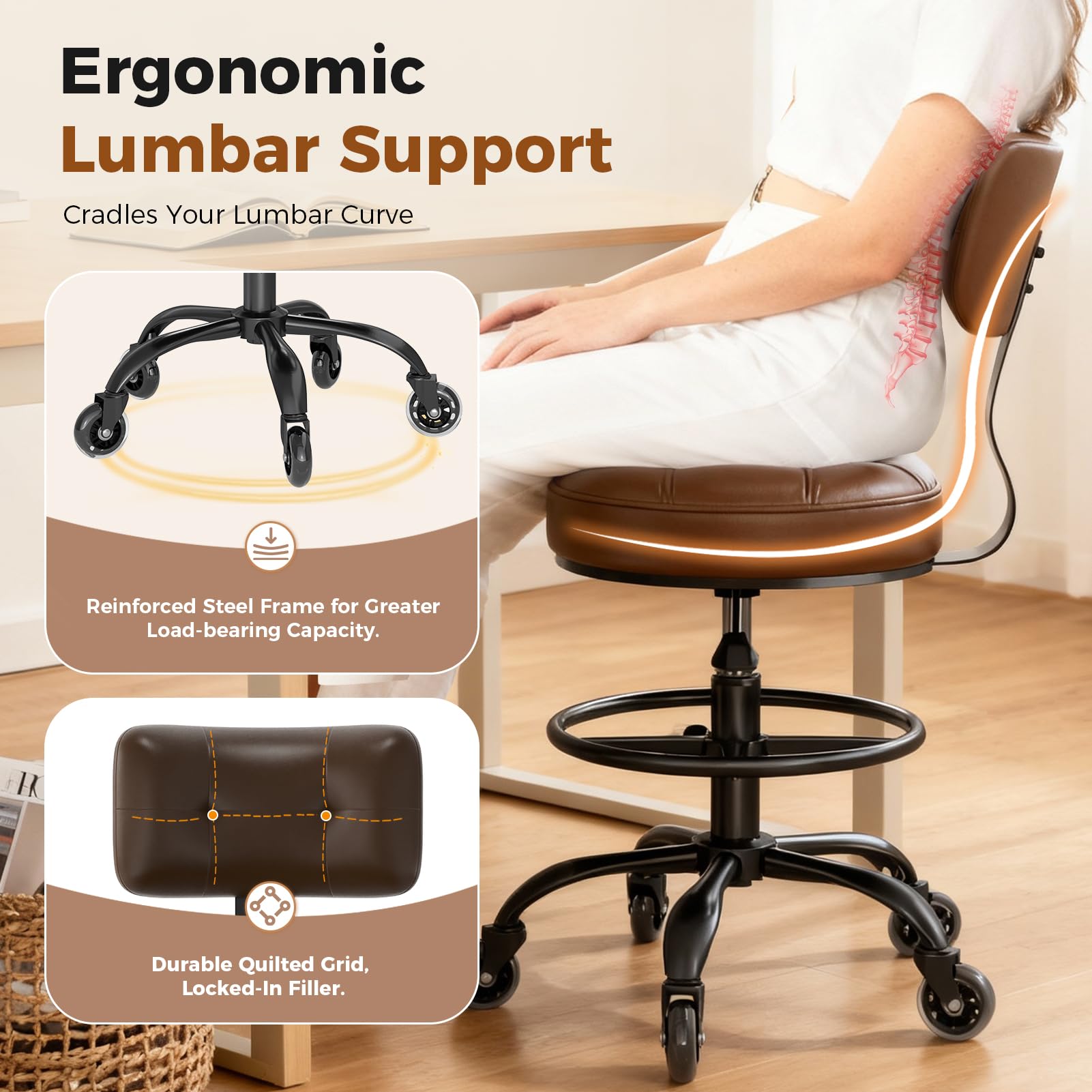 Office Drafting Chair with Footrest, Tall Height Adjustable Stool with Back Support, Heavy Duty Rolling Stool Chair with Wheels for Office Home Kitchen Bar Shop Guitar Studio Vanity, Brown