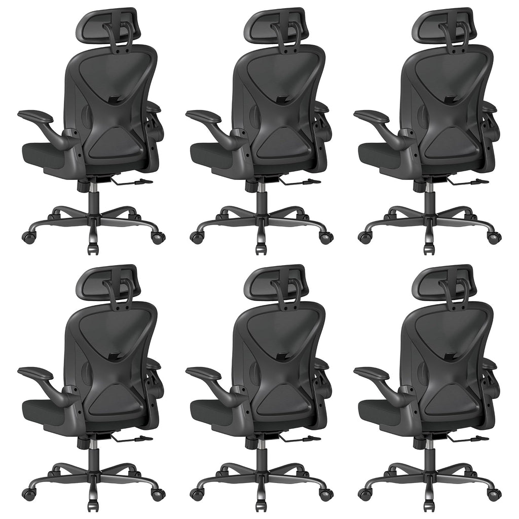 Ergonomic Office Chair Set of 6, with Adjustable Lumbar Support, Mesh Fabric Home Office Chair with Headrest, 360° Swivel and Flip-Up Armrests, Black