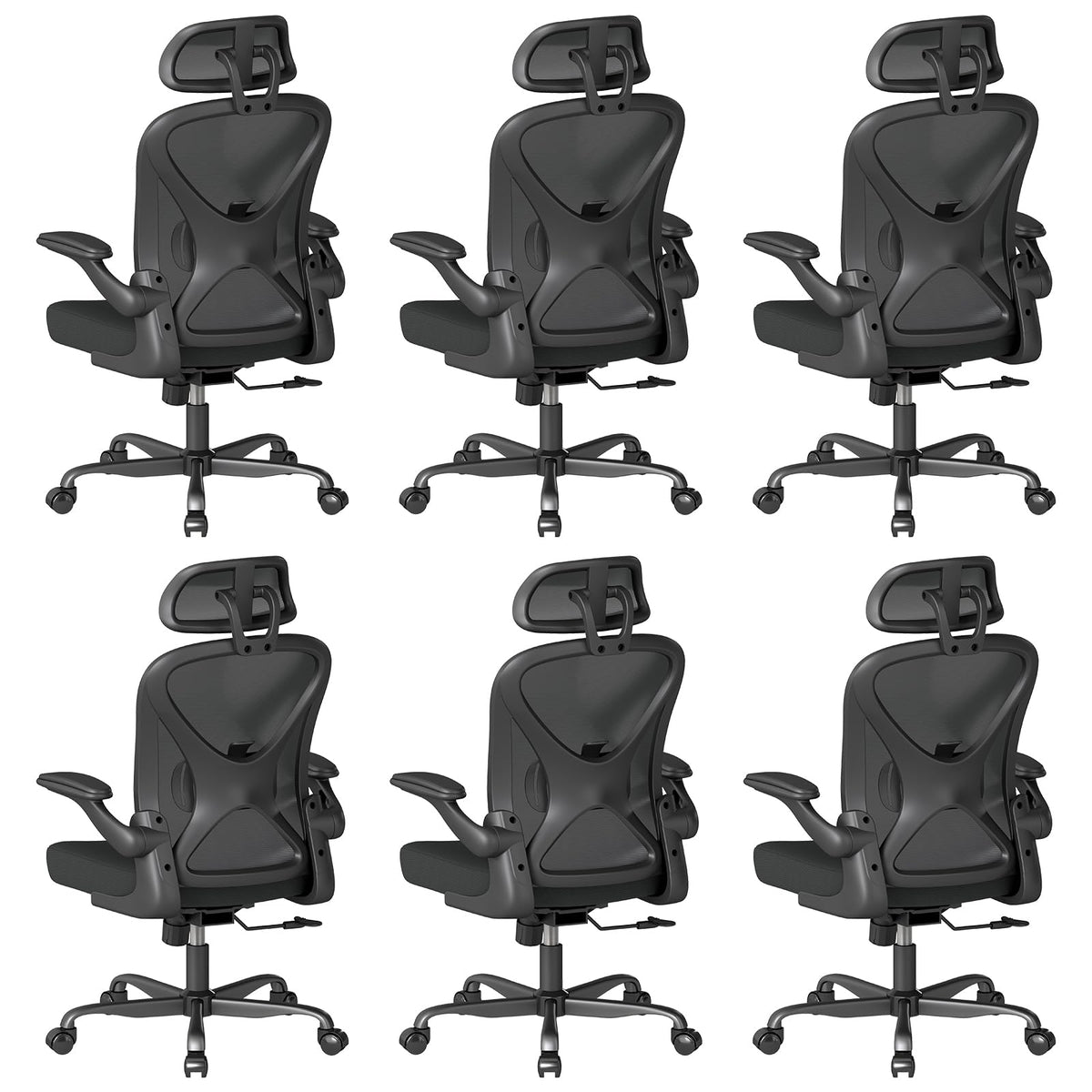 Ergonomic Office Chair Set of 6, with Adjustable Lumbar Support, Mesh Fabric Home Office Chair with Headrest, 360° Swivel and Flip-Up Armrests, Black