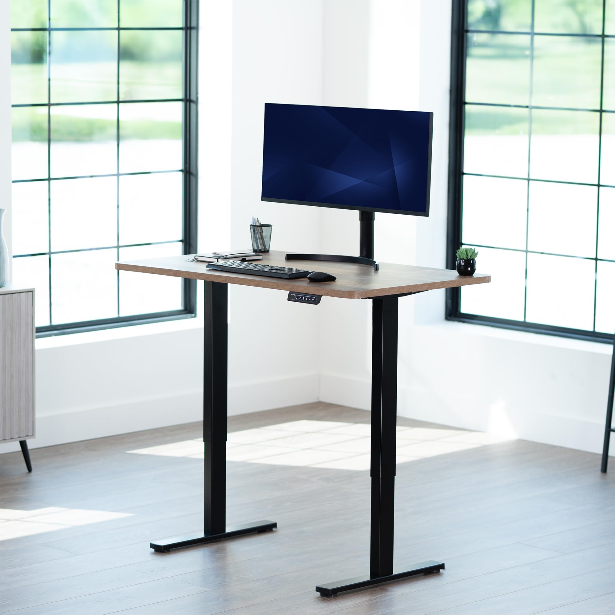 Electric 48 x 30 in Standing Desk, Memory Height Adjustment, 1B Series, Holds 220 lbs, One-Piece Reclaimed Wood Top, Black Frame