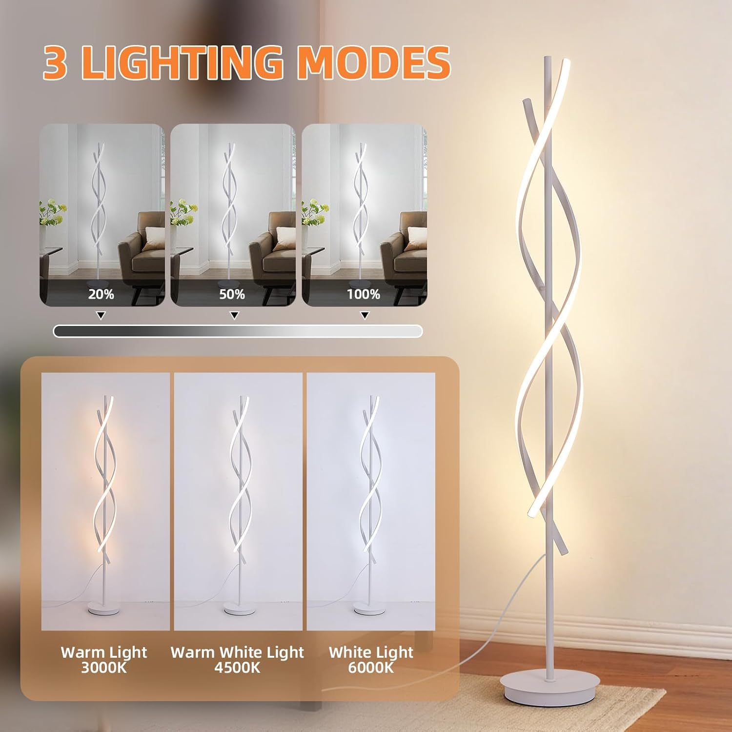 Modern Spiral Floor Lamp, 62" Tall Dimmable LED Corner Light with Remote Control & 3 Color Temperatures, White Standing Lamp for Bedroom Office
