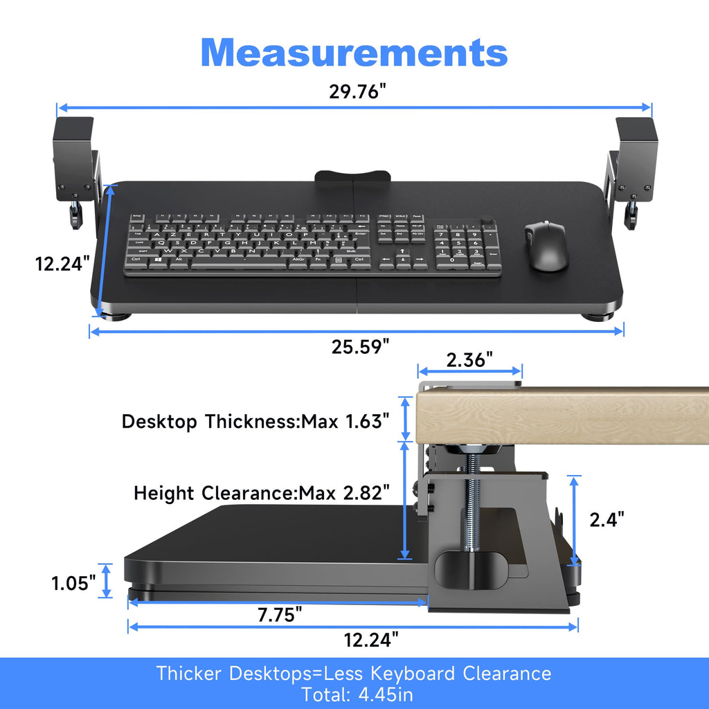 Keyboard Tray Under Desk Large C-Clamp 25.6” (30” Including Clamps) x 11.8” Slide-Out Platform Computer Drawer Pull Out Keyboard & Mouse Tray Black