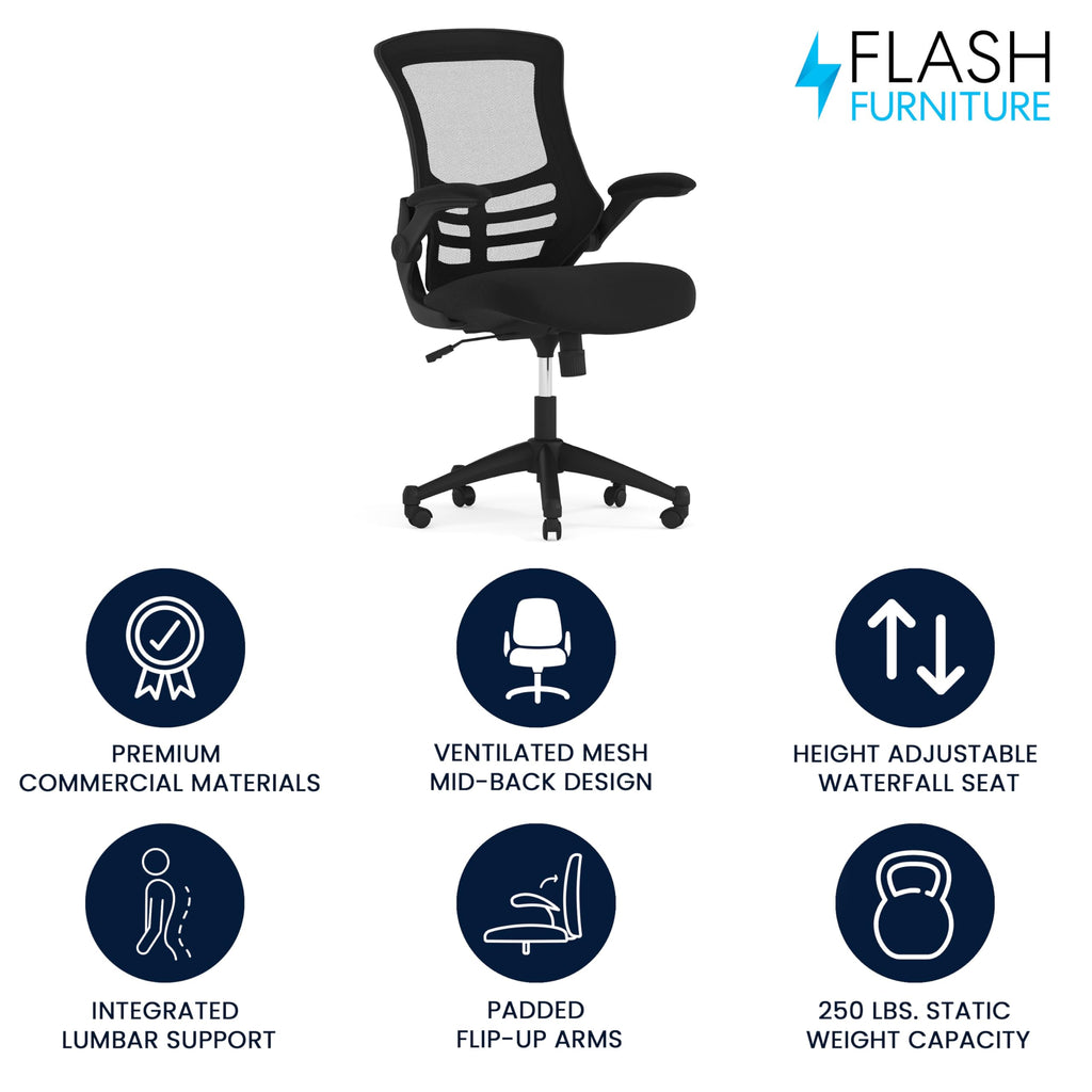 Mid-Back Swivel Office Chair with Adjustable Seat Height, Ergonomic Mesh Desk Chair with Flip-Up Armrests, Black