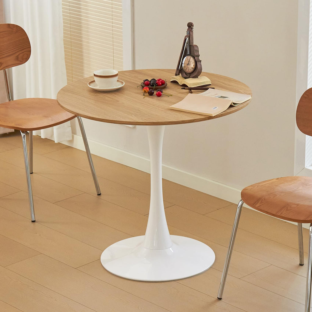 Hansweld Round Dining Table, 31.5" Circle Tulip Table with Thickened Tabletop & Metal Pedestal, Mid Century Modern Bistro Table for Kitchen, Small Places, Living Room, Cafe (Faux Oak)