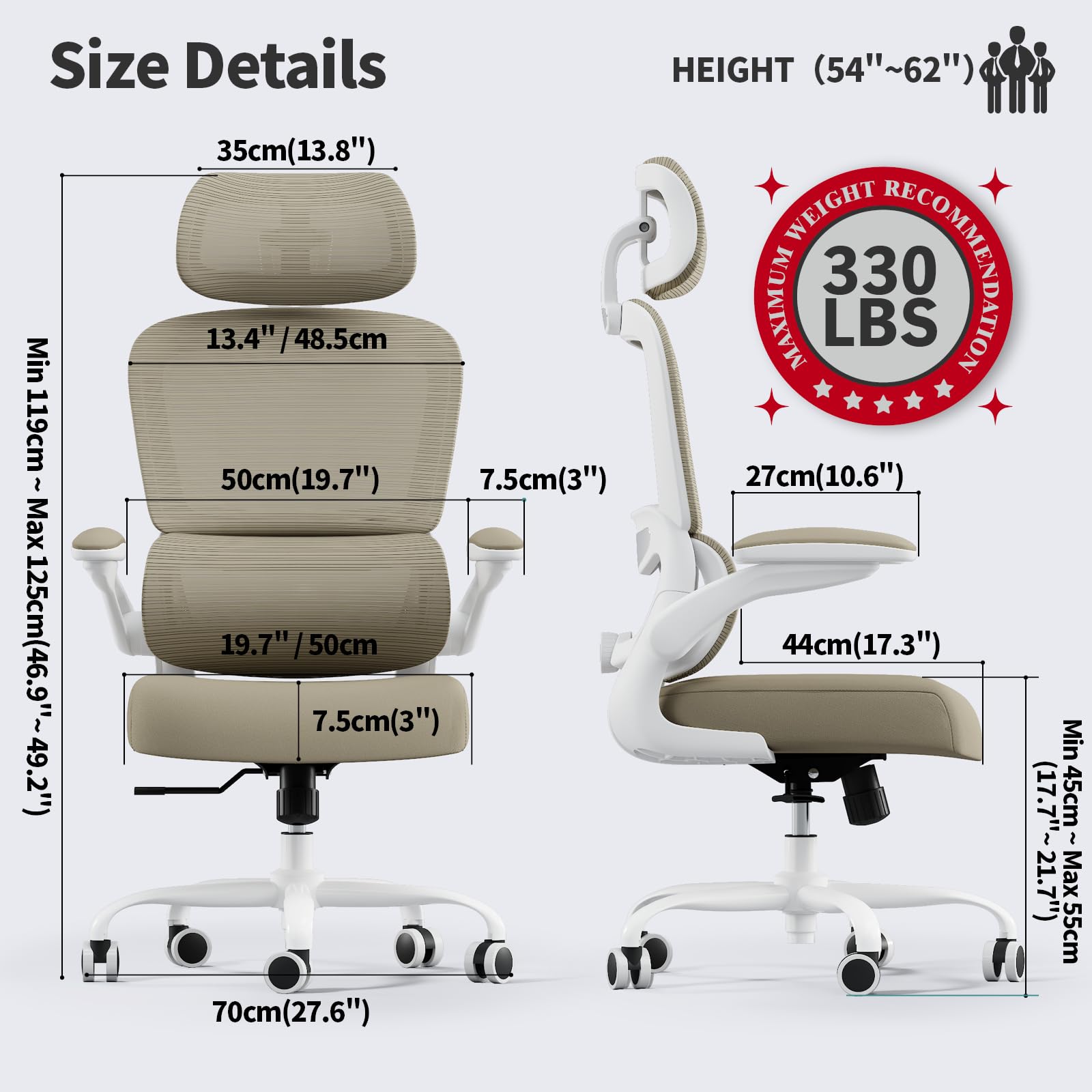 Office Chair Ergonomic Desk Chair, 330 LBS Home Mesh Office Desk Chairs with Wheels, Comfortable Gaming Chairs (Khaki)