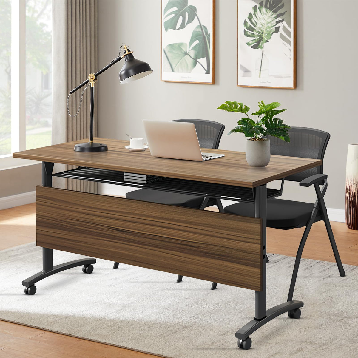 Folding Conference Table with Wheels, Flip-Top, 47.2in, 2 Pack, Walnut 1619