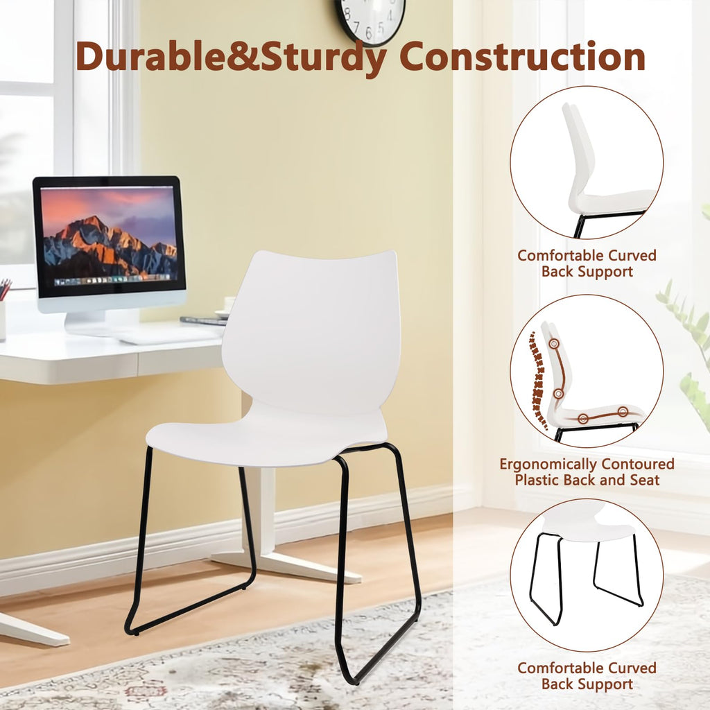 Set of 12, Stackable Waiting Room Chair, Stacking Office Chair with Ergonomic Lumbar Support and Metal Legs, Plastic Desk Chairs for Conference School Church Guest Reception ,White