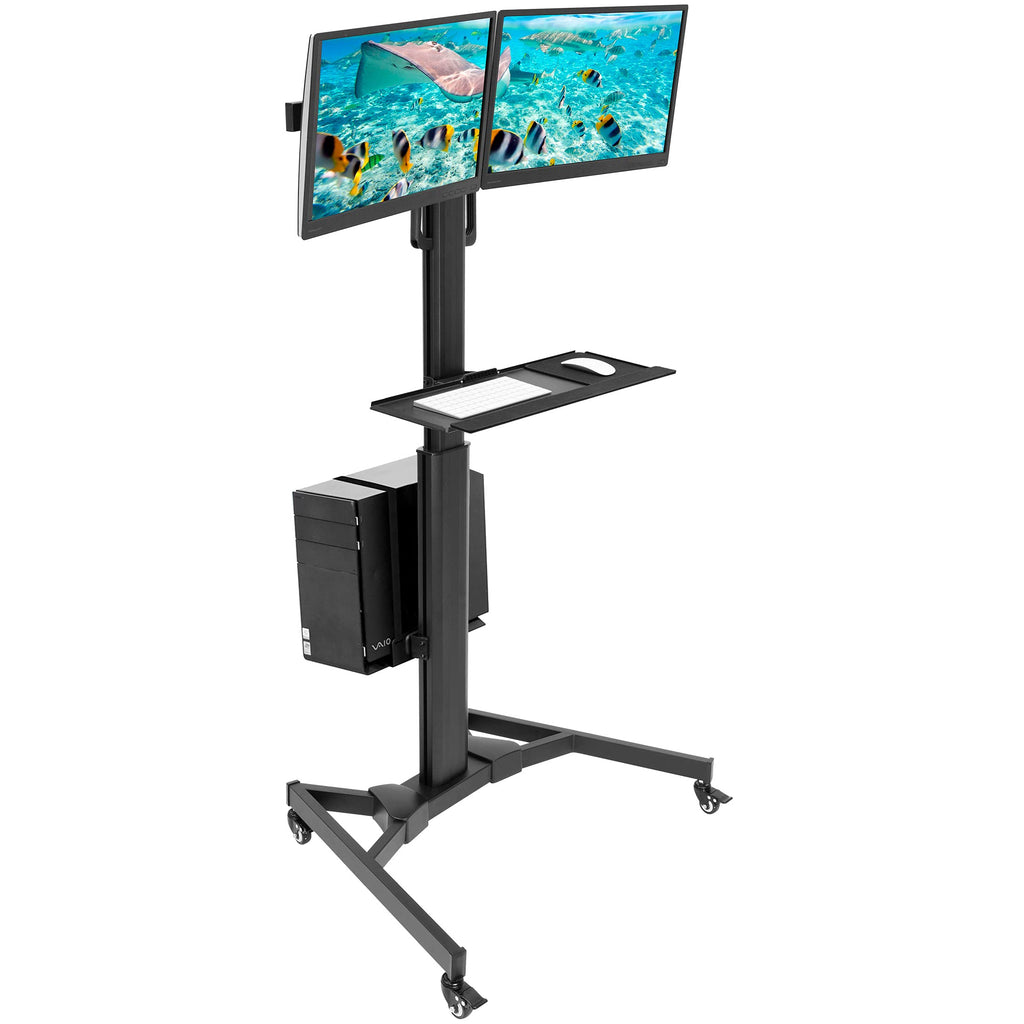 Dual Monitor Computer Cart – Mobile Standing Desk with Wheels, Rolling Workstation with Keyboard Tray, CPU Holder, and Adjustable Screen Mount for Office, Medical, or Warehouse