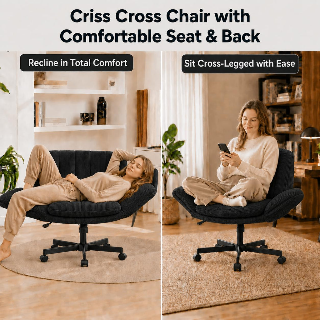 Criss Cross Office Chair with Wheels and Arms, Vanity Chair with Back, Comfy Swivel Cross Legged Office Chairs for Ultimate Comfort and Support, Unique Multifunctional Stylish Arms (Corduroy Black)