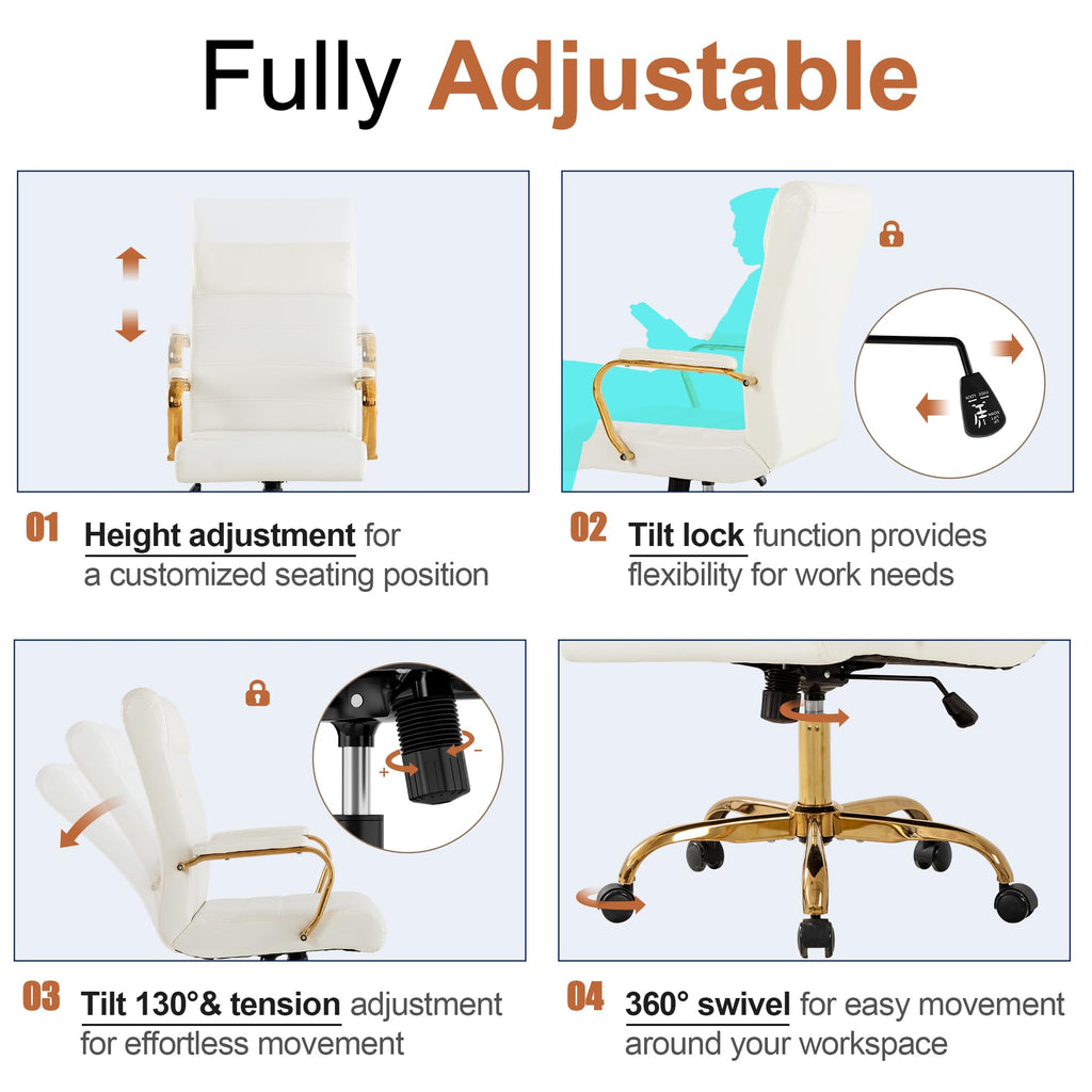 White and Gold Office Desk Chair, Modern Leather Conference Room Chairs, High Back Ergonomic Home ofiice Chair, Adjustable Height Swivel Executive Computer Chair with Padded Seat and Armrest