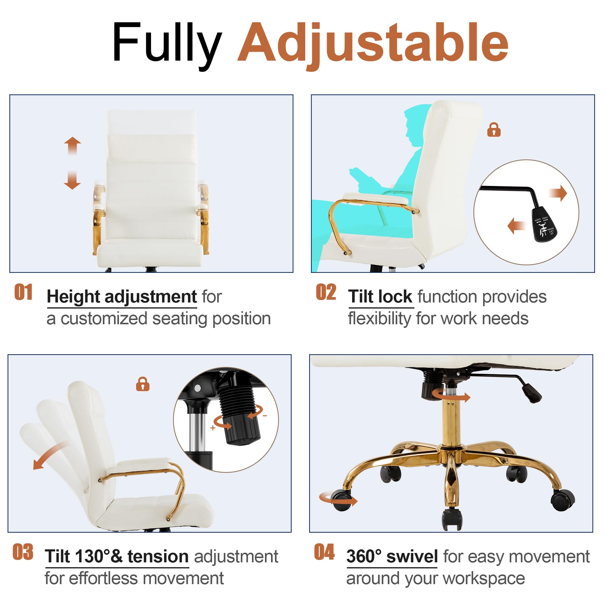 White and Gold Office Desk Chair, Modern Leather Conference Room Chairs, High Back Ergonomic Home ofiice Chair, Adjustable Height Swivel Executive Computer Chair with Padded Seat and Armrest