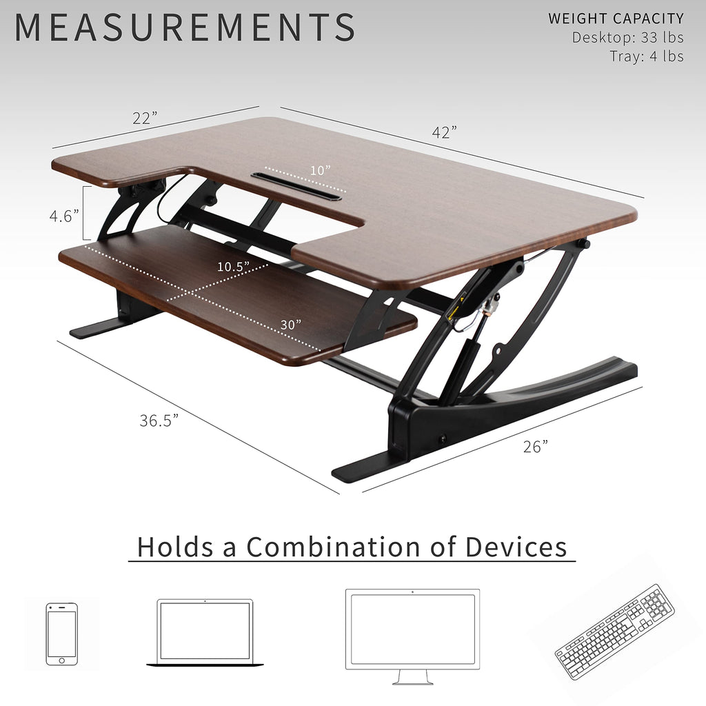 42 inch Height Adjustable Stand Up Desk Converter, V Series, Quick Sit to Stand Tabletop Dual Monitor Riser Workstation, Dark Walnut Top, Black Frame