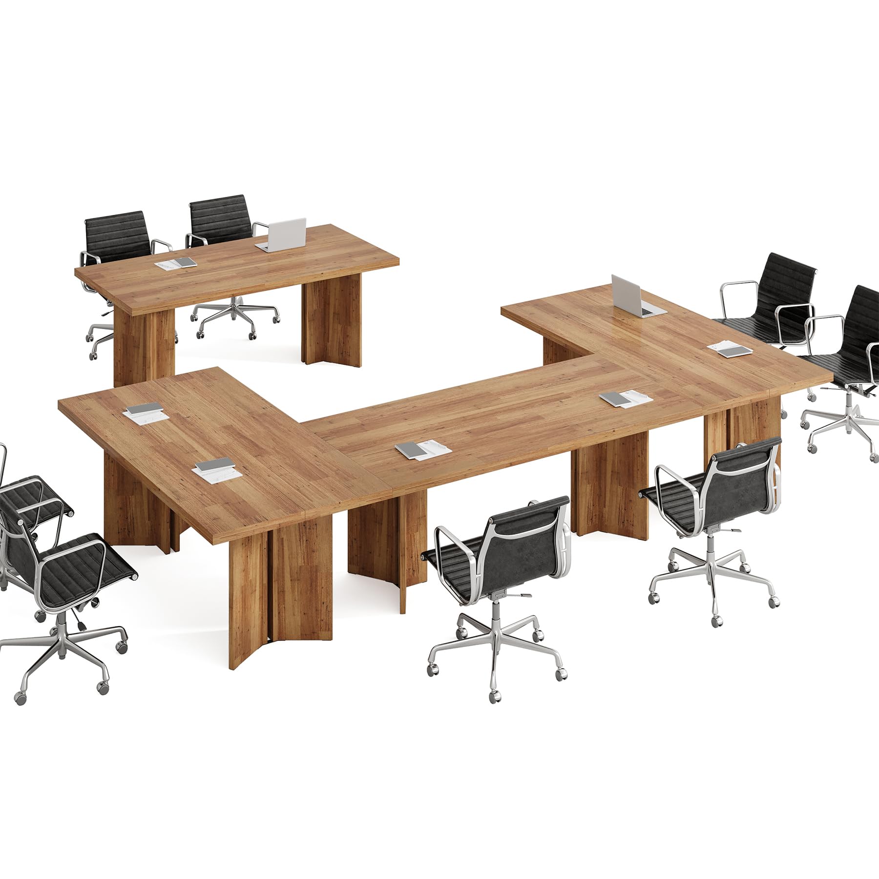 10.5FT Conference Table, Large Rectangle Meeting Seminar Table for 12-14 Person, Long Wooden Business Tables (Set of 4, Walnut)
