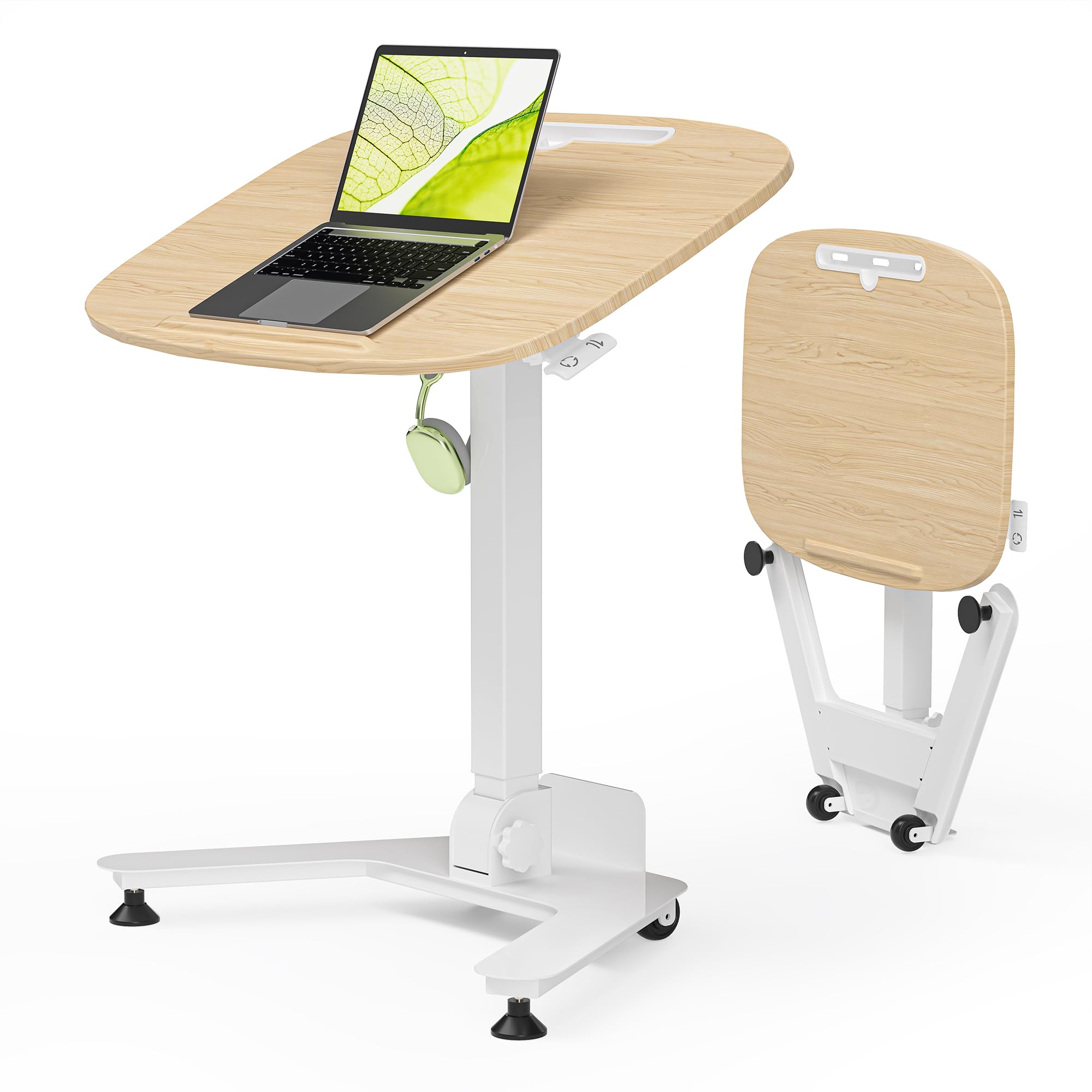 Folding Pneumatic Height Adjustable Mobile Standing Desk with 90° Tiltable Tabletop, 27.2x18.9 Inch Portable Laptop Desk with Wheels, Holds Up to 66.1lbs for Home Office, Study, Oak