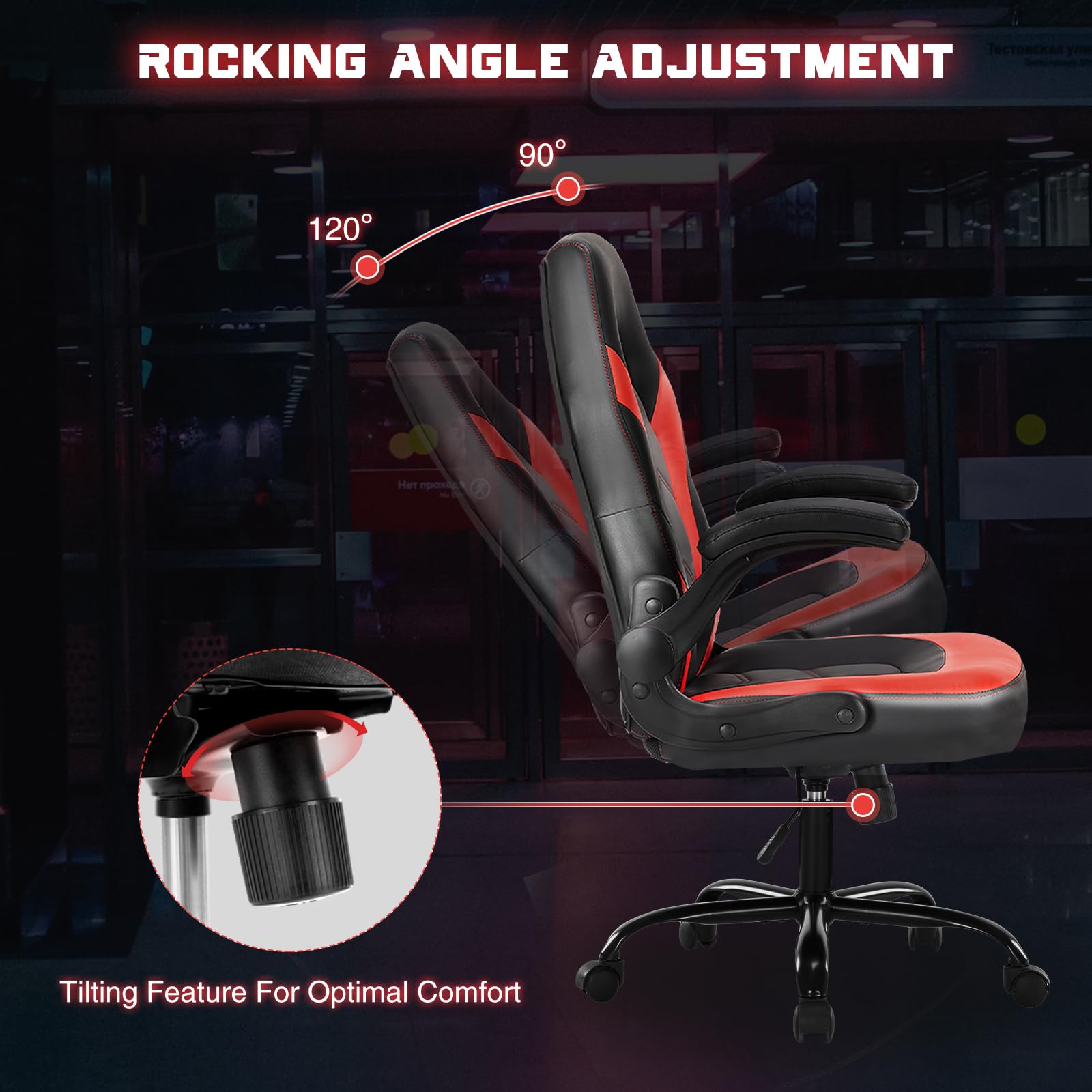 Computer Gaming Chair - PU Leather Ergonomic Lumbar Support with Flip-up Armrest and 360° Swivel Wheels, Height Adjustable Task Home Office Desk Video Racing, Red