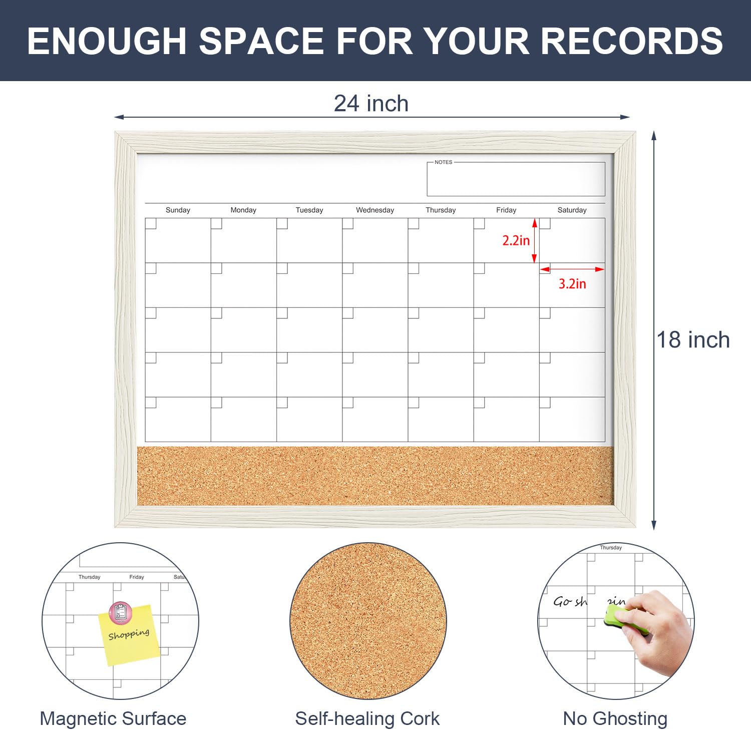 Calendar Whiteboard for Wall, 18x24 Inches Whiteboard Calendar Cork Board Combo, Magnetic Monthly White Board with Wood Framed, Hanging Dry Erase Board for Kitchen Home Office School Planner