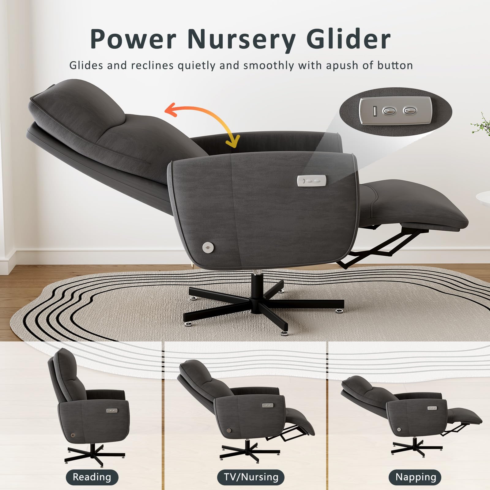 Power Swivel Recliner Chair, Modern Electric with USB & Type-C Ports, Upholstered Velvet Swivel Recliner Chair, 360° Swivel for Office & Living Room, Easy Assembly (Dark Gray)