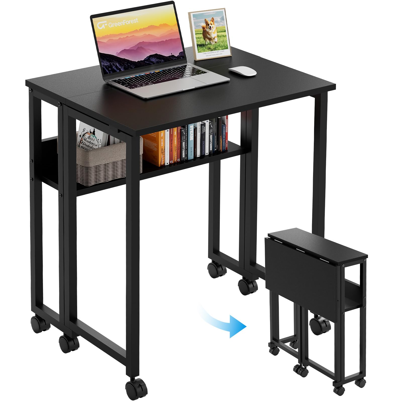 Folding Desk with Wheels, 31.5 Inch Compact Rolling Computer Table with Storage Shelf, Portable Mobile Workstation for Small Spaces, Easy Assembly, Black