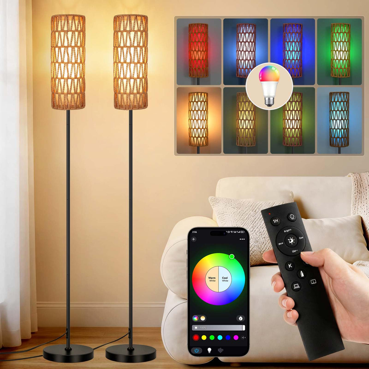 Floor Lamp for Living Room with Smart RGB Bulb, Standing Lamp with Remote, Color Changing Tall Lamps with Music Sync for Bedroom (2-Black)