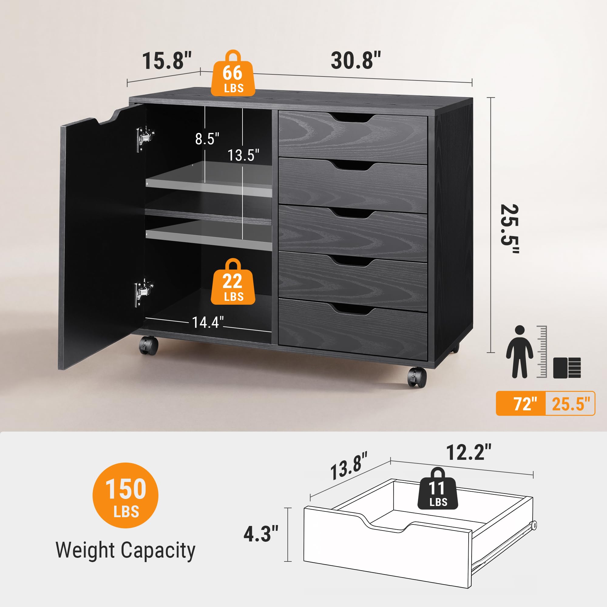 5-Drawer Wood Drawer Cabinet, Office Storage Cabinet, Black