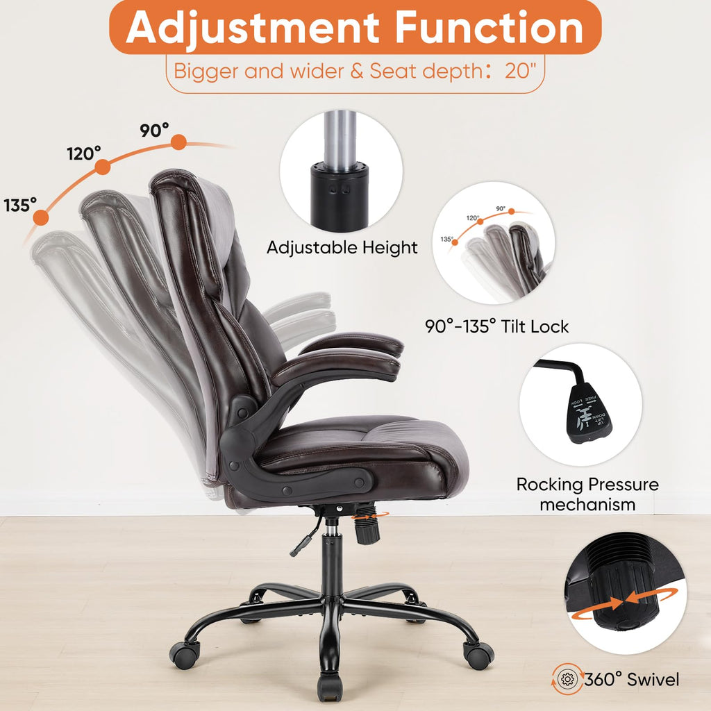 Set of 2, Ergonomic Computer Gaming Office Chair  Heavy Duty Task Desk Swivel Rolling Chairs with Wheels, Flip-up Arms, Adjustable Height, PU Leather,Dark Brown