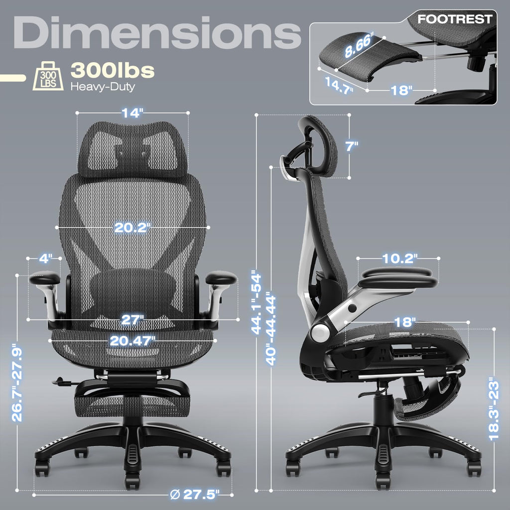 X100 Ergonomic Mesh Office Chair with Footrest, Big and Tall Hone Desk Chair with 5D Flip-Up Arms, Adjustable 3D Lumbar Support,Gaming & Executive Computer Chairs