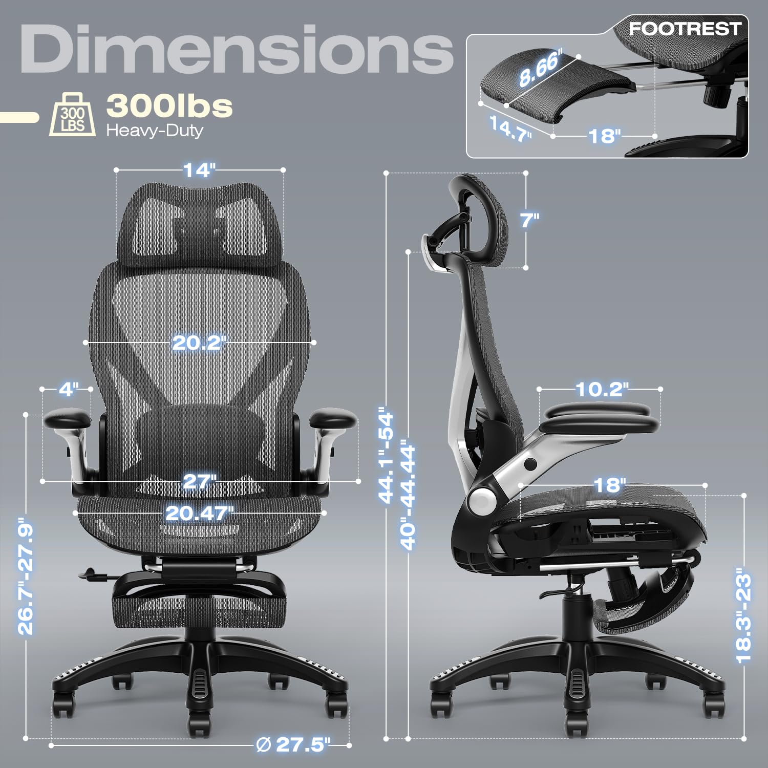 X100 Ergonomic Mesh Office Chair with Footrest, Big and Tall Hone Desk Chair with 5D Flip-Up Arms, Adjustable 3D Lumbar Support,Gaming & Executive Computer Chairs