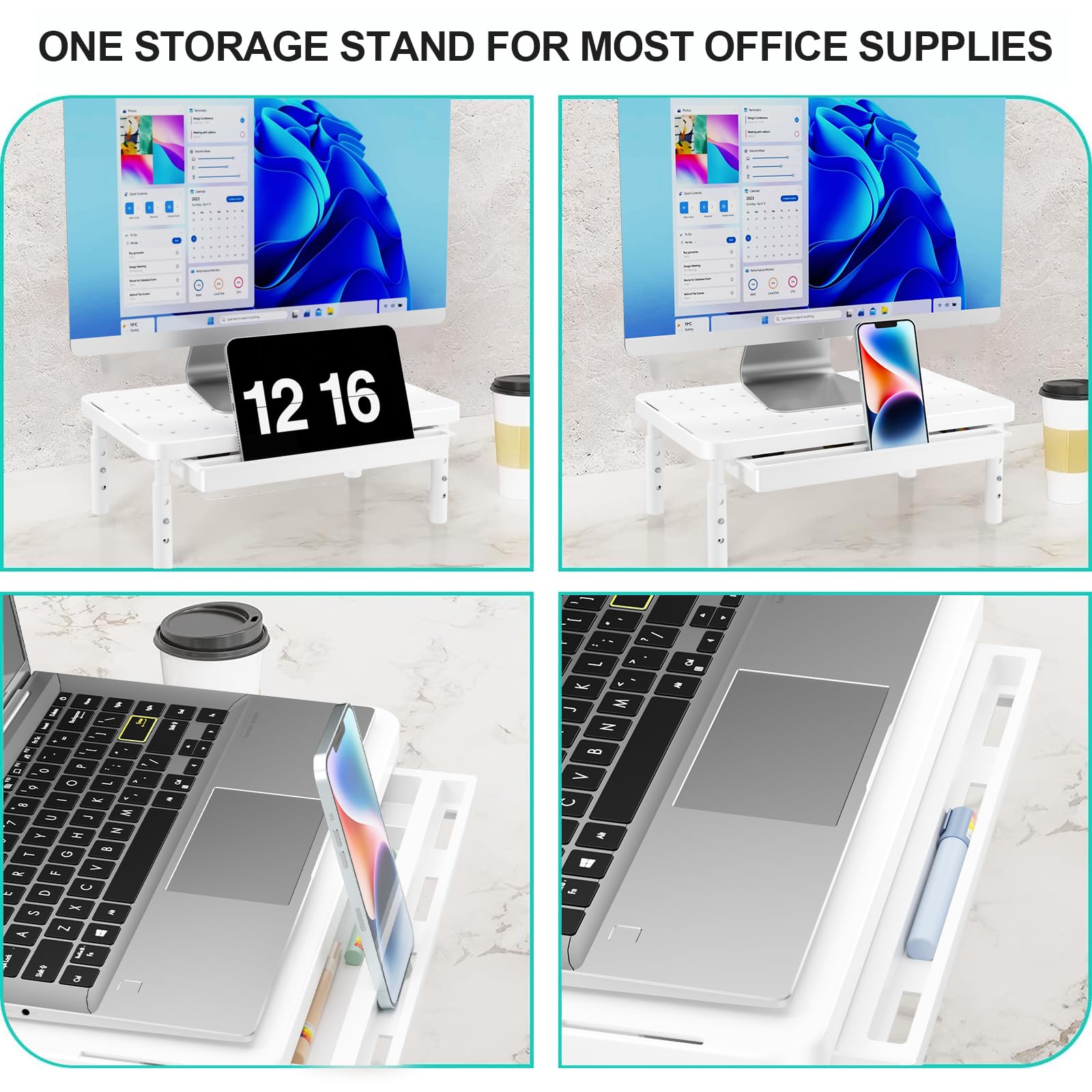 Computer Monitor Stand with Storage, Desk Monitor Riser 3 Height Adjustable, Laptop Riser with Airflow Vents, Desk Organizer for Computer, Laptop, Printer (PTT002-W), 1 Pack, White