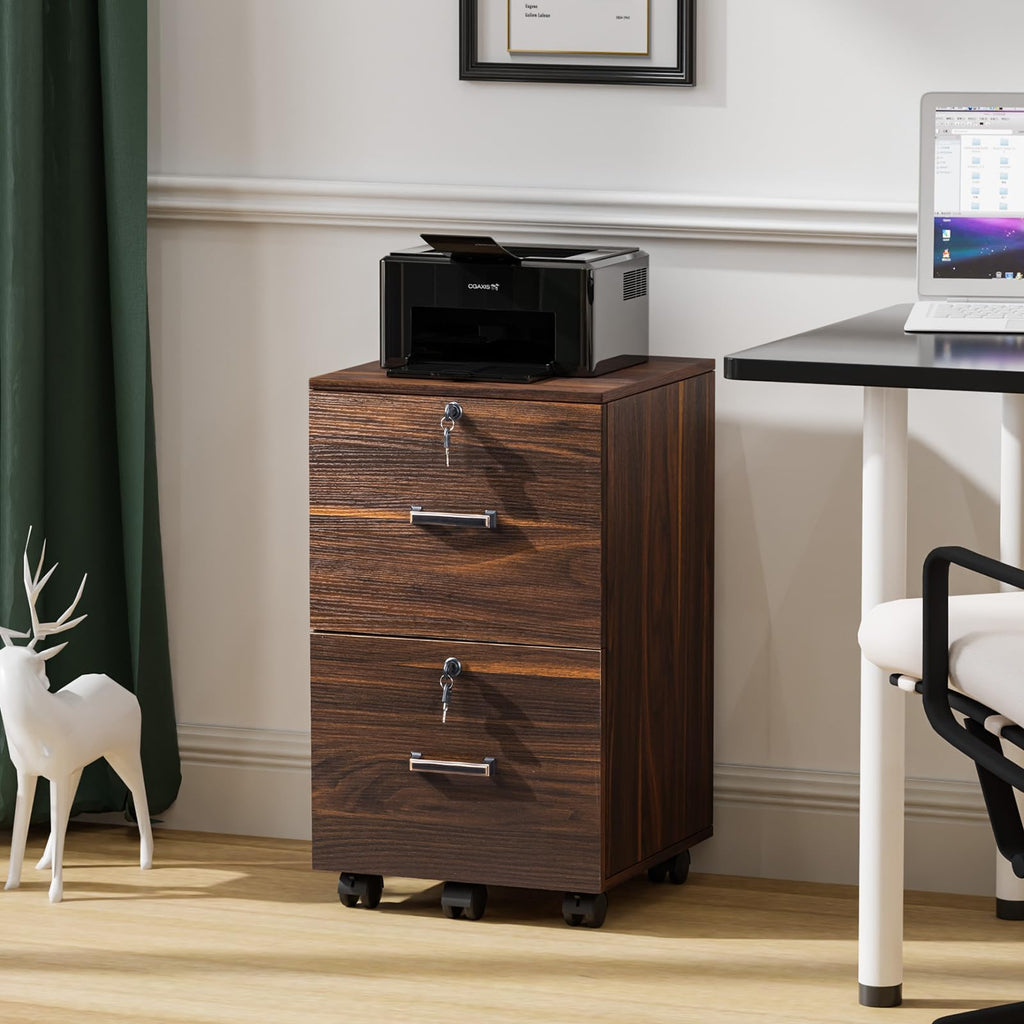 2 Drawer File Cabinet with Lock, Wood Dark Brown File Cabinets for Letter Size File Folders with Tabs, Under Desk Rolling Filing Cabinet for Home Office, Mobile File Organizer Printer Stand