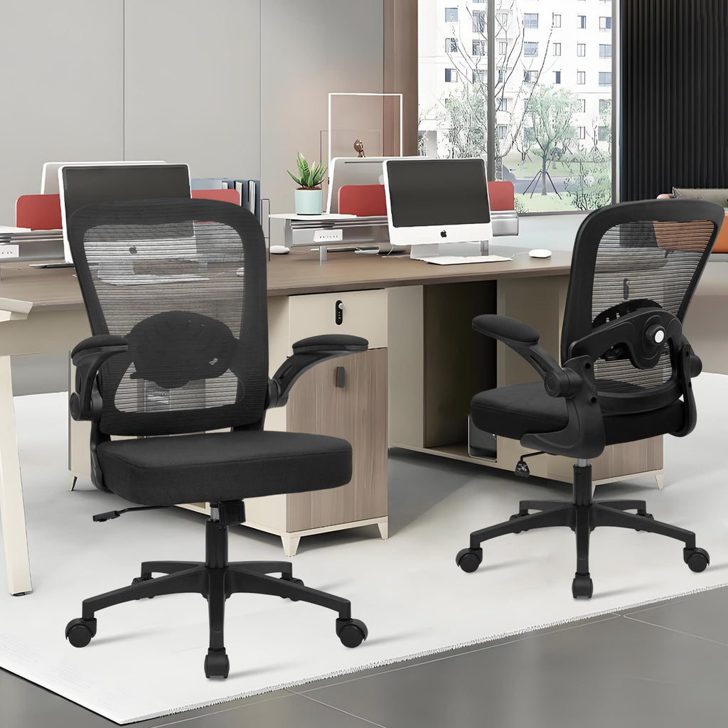 KLASIKA Home Office Desk Chair with Flip Up Armrests, Mesh Back Chair with Adjustable Height Lumbar Support, Ergonomic Computer Task Chair with Wheels for School, Conference, Black(12PK)