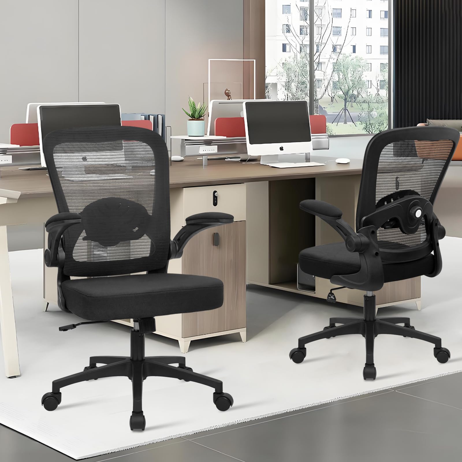 KLASIKA Home Office Desk Chair with Flip Up Armrests, Mesh Back Chair with Adjustable Height Lumbar Support, Ergonomic Computer Task Chair with Wheels for School, Conference, Black(12PK)