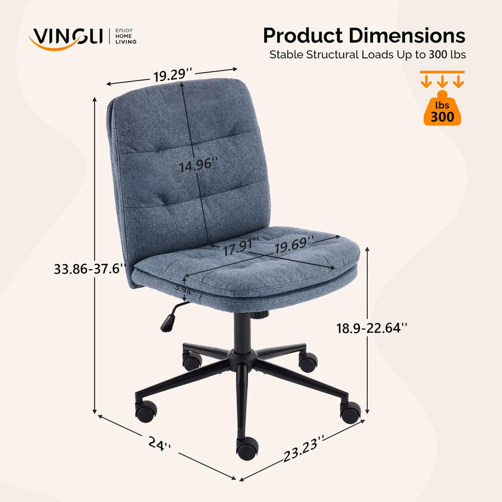Mid Back Armless Office Desk Chair with Wheels/no Wheels,360°Rocking Swivel Vanity Chair with Thickened Cushion,Adjustable Height Rolling for Reading Room, Make up, Linen Navy Blue