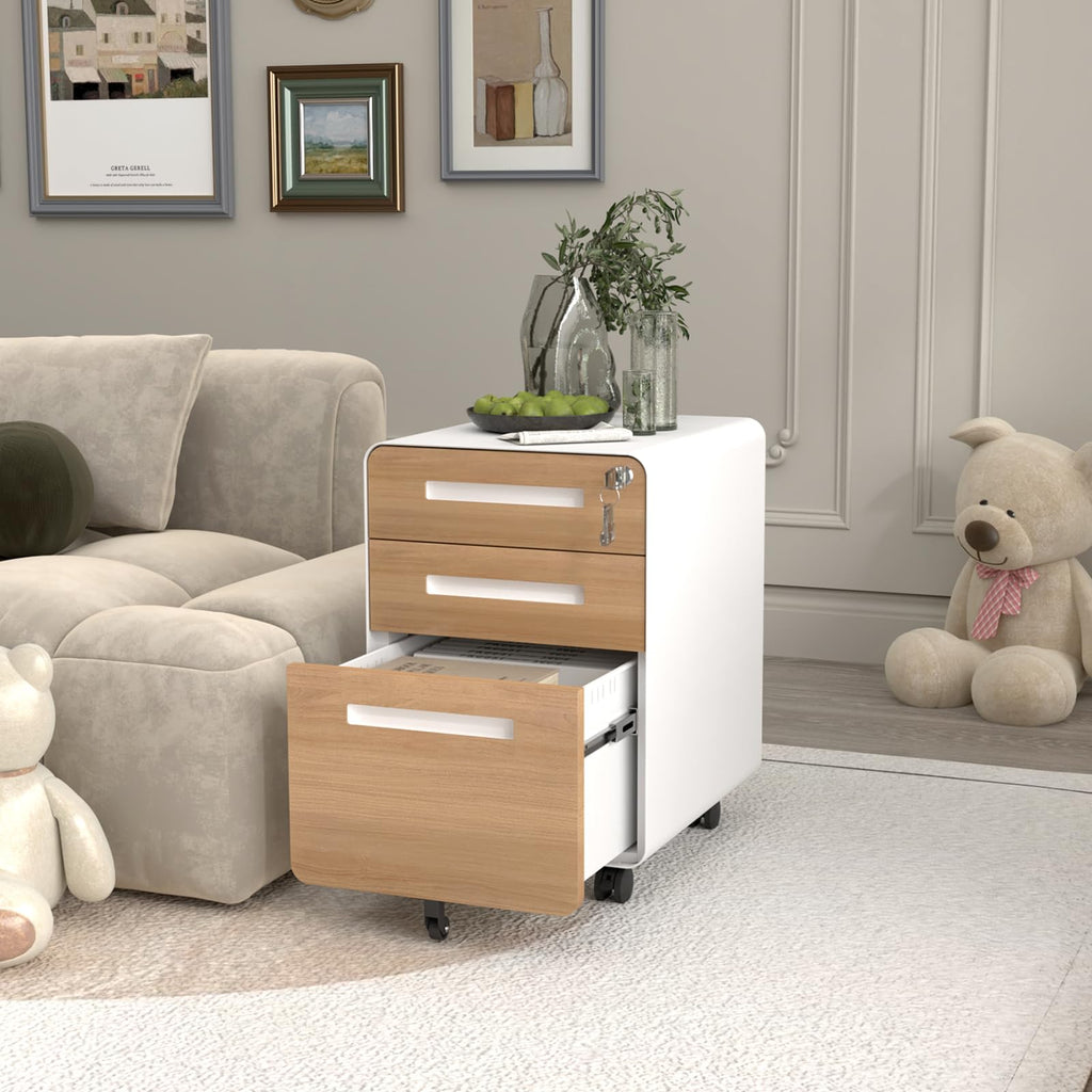 3 Drawer File Cabinet for Office, Under Desk Mobile Filing Cabinet with Lock for A4/Letter/Legal Size, 5 Wheel Anti-tilt Rolling File Cabinets, Fully Assembled