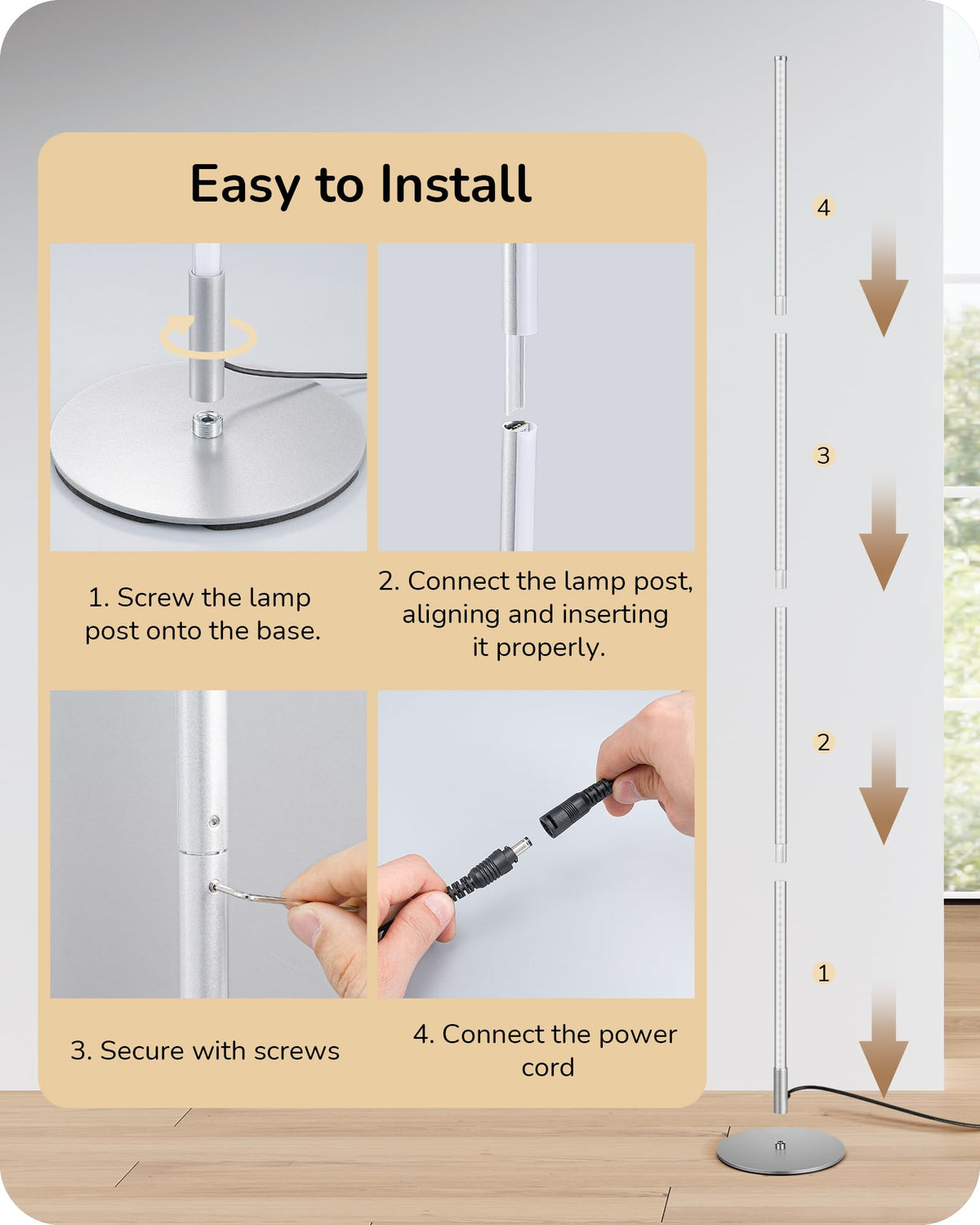 59.8" Corner Lamp with Remote & 3 Height Settings, Dimmable & 3CCT